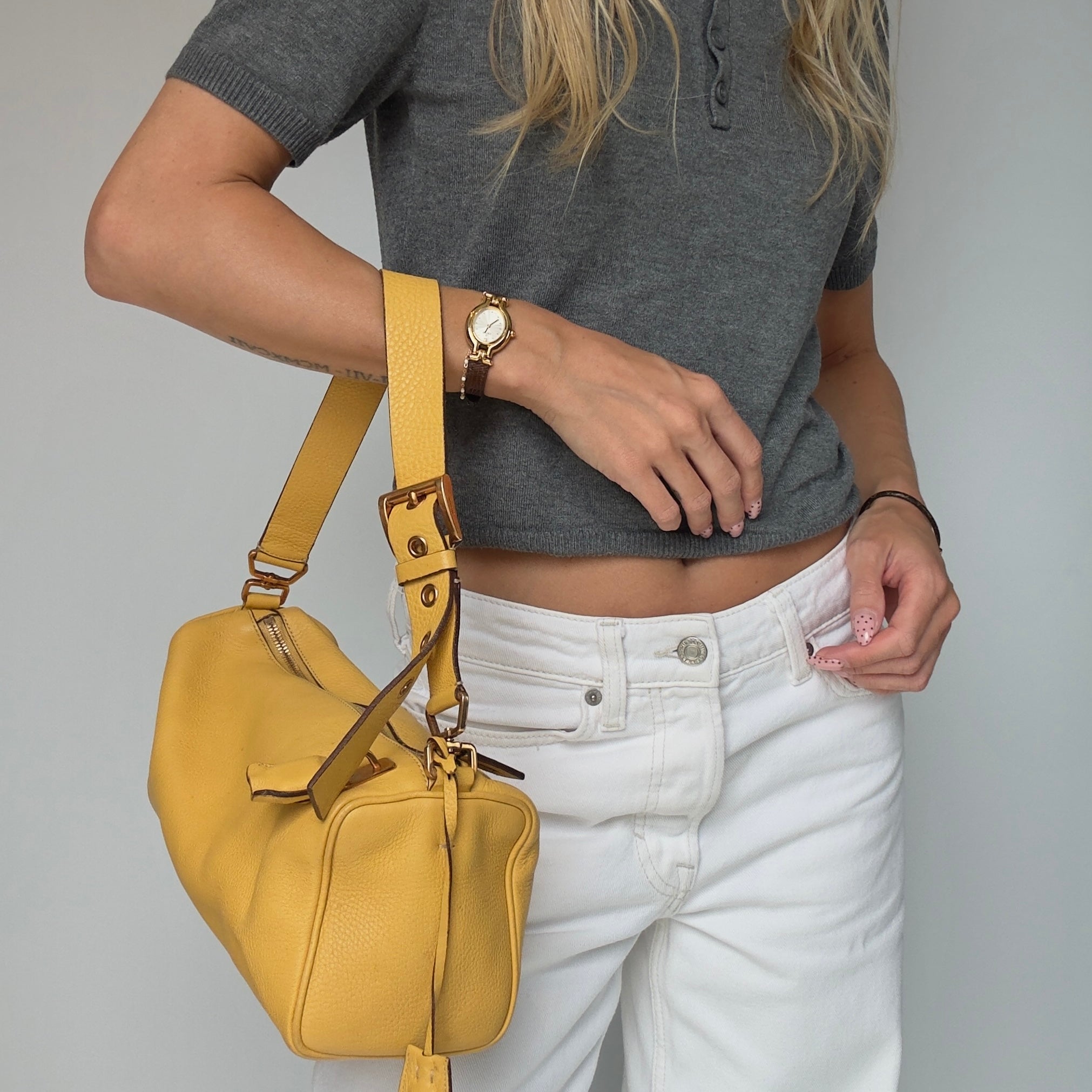 Prada Yellow Pebble Leather Shoulder Bag