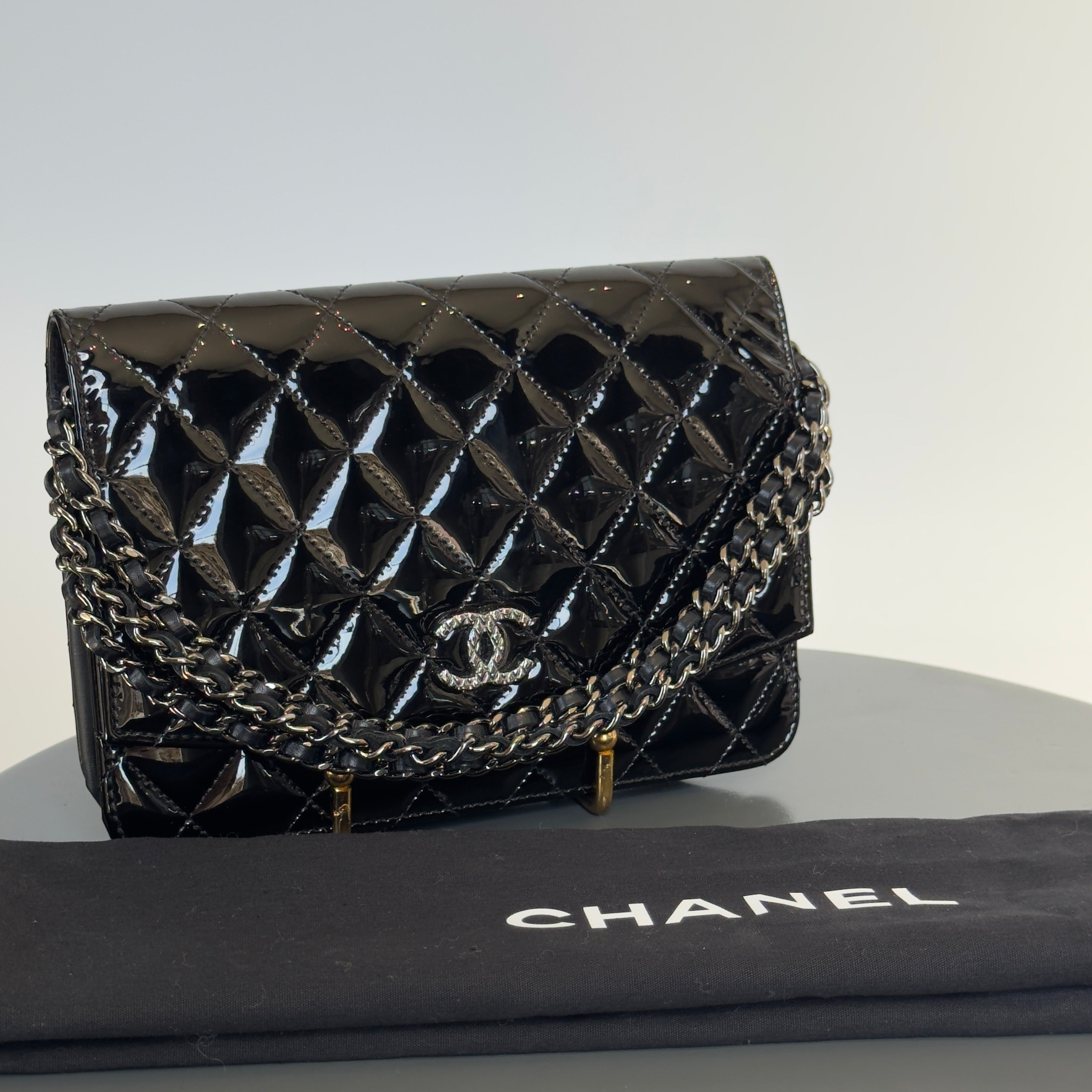 Chanel Black Patent Leather Wallet On Chain - Queen May