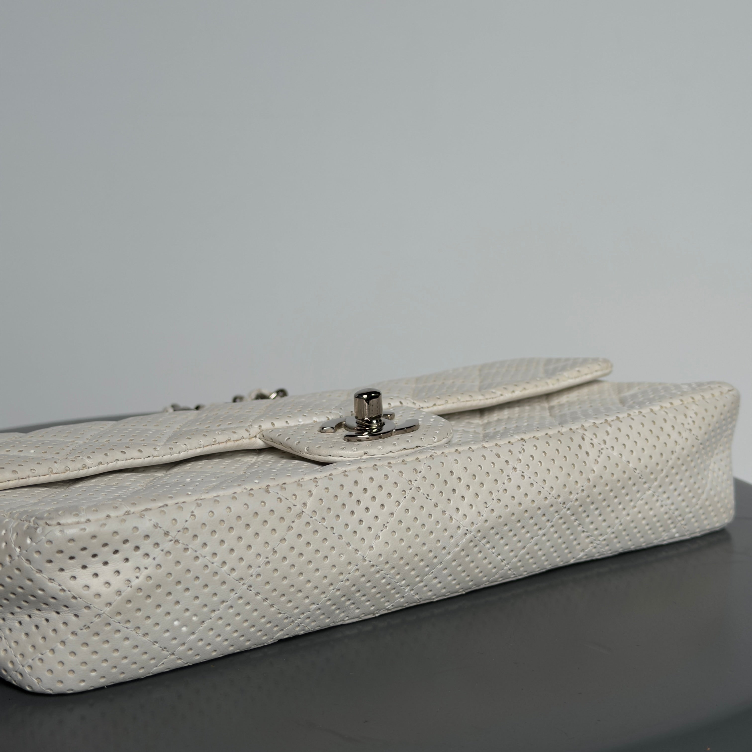 Chanel White Perforated East West Flap Bag