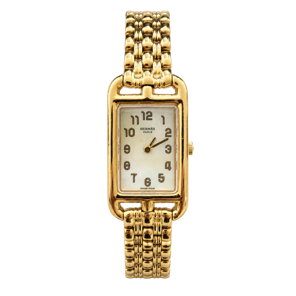 Hermes 18K Yellow Gold Cape Cod Nantucket Watch Reference NA1.285 White Mother Of Pearl Dial