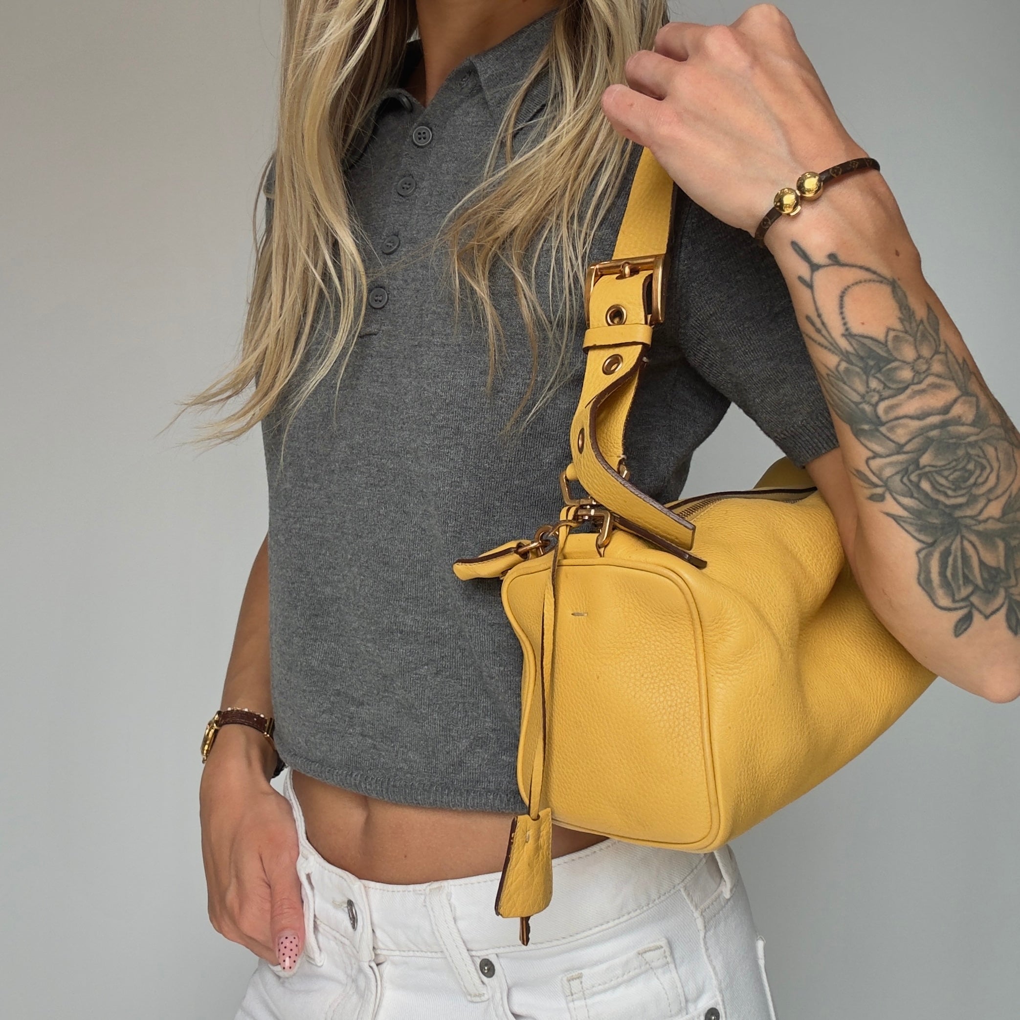 Prada Yellow Pebble Leather Shoulder Bag