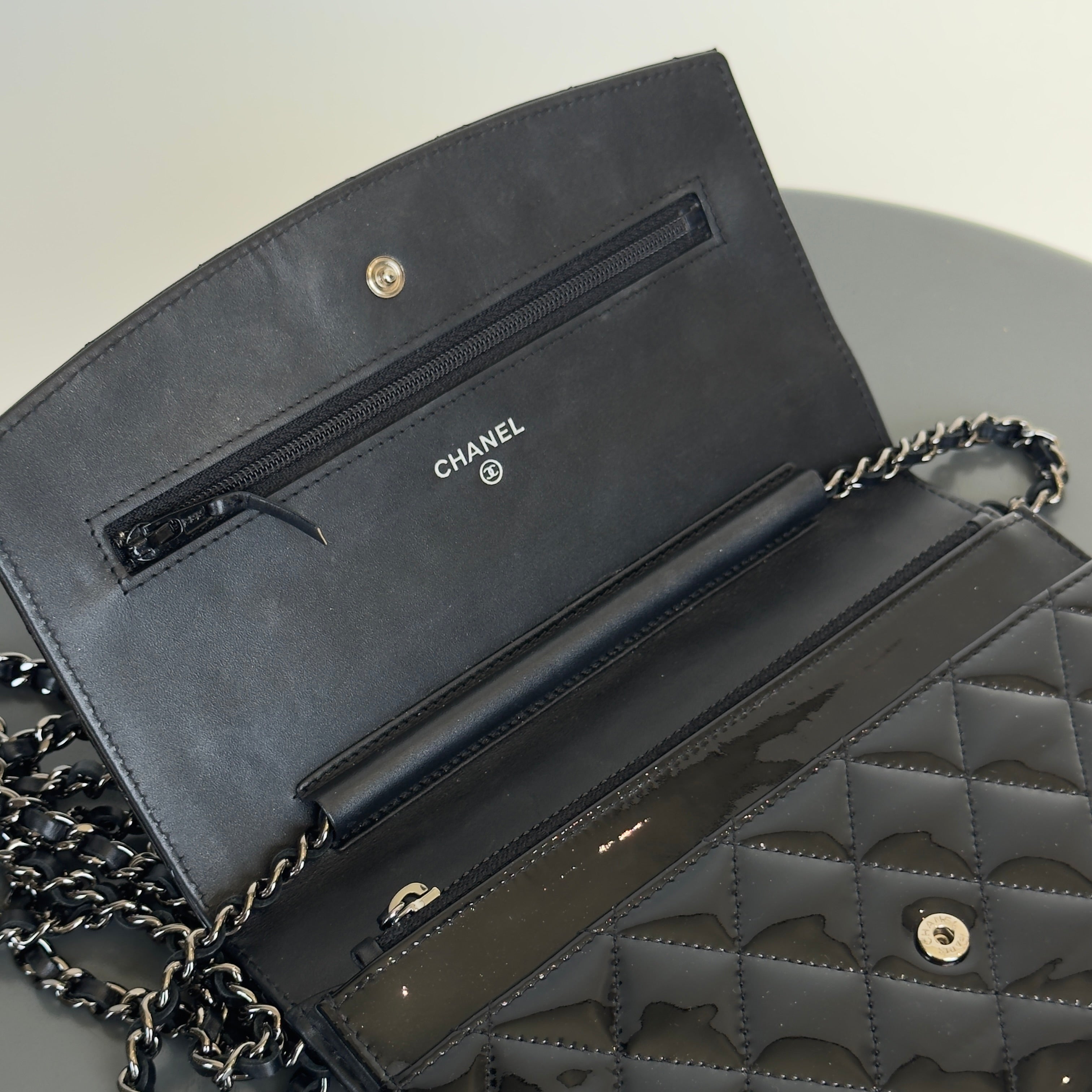 Chanel Black Patent Leather Wallet On Chain - Queen May