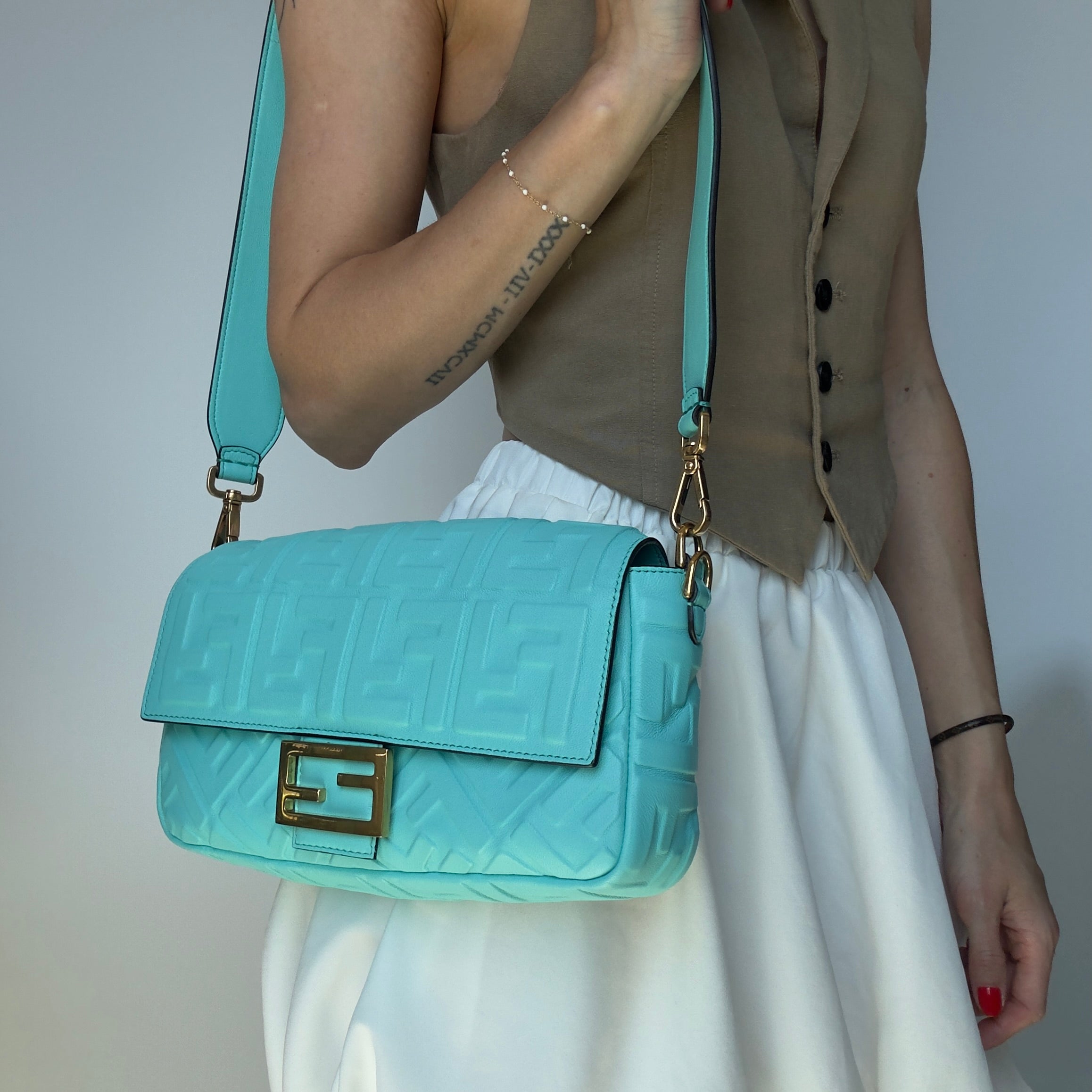 Fendi Nappa FF Embossed Large Baguette Tiffany - Queen May