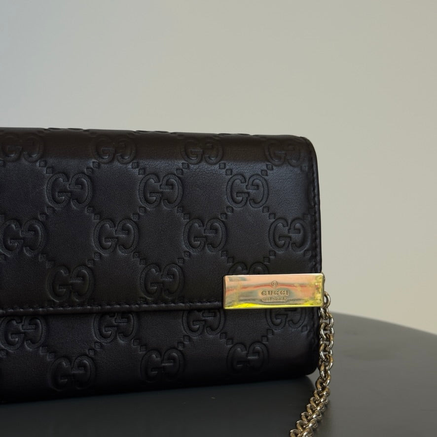 Gucci Brown Guccissima Leather Wallet Chain Clutch Bag - Queen May