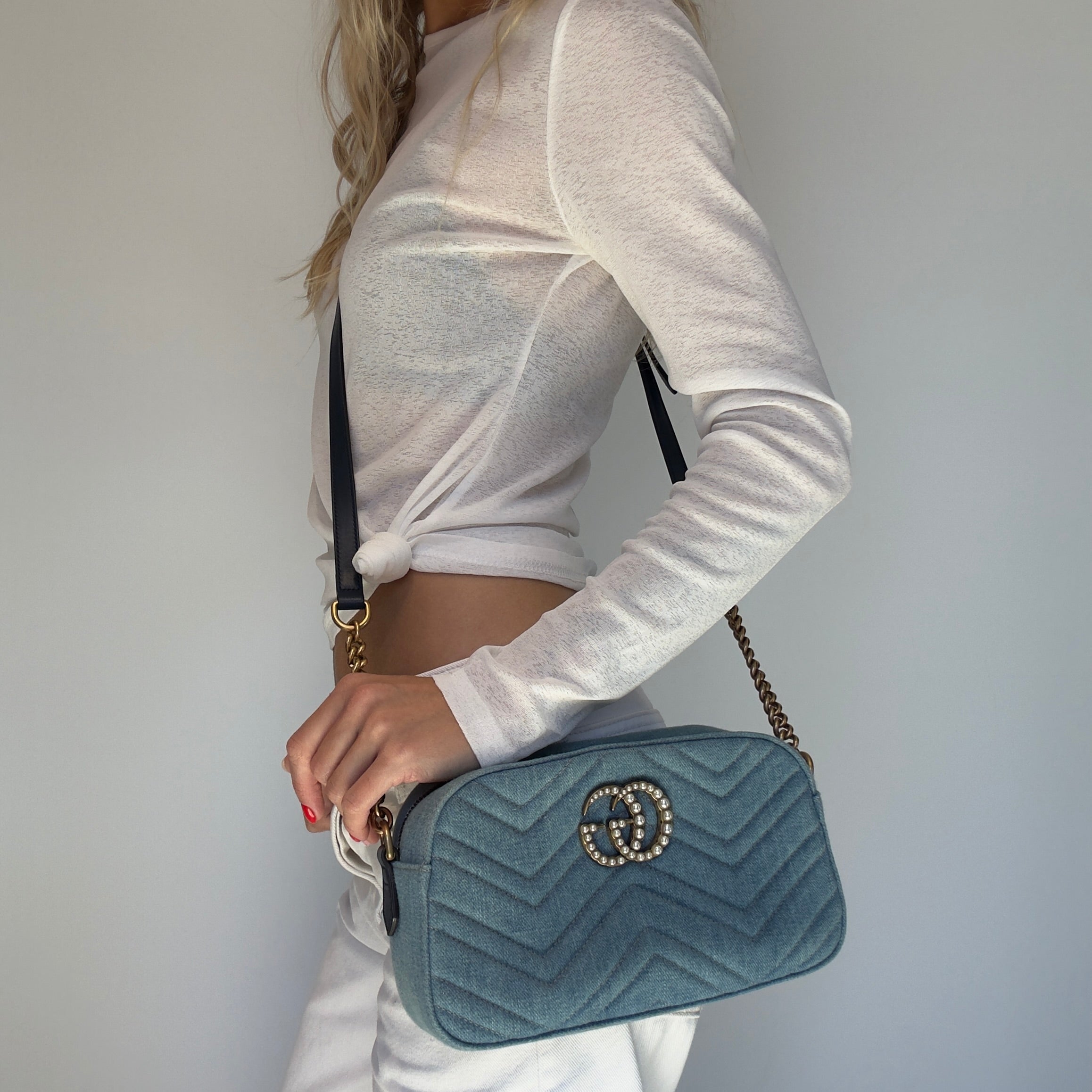Gucci Marmont Matelasse Denim Pearl Bag