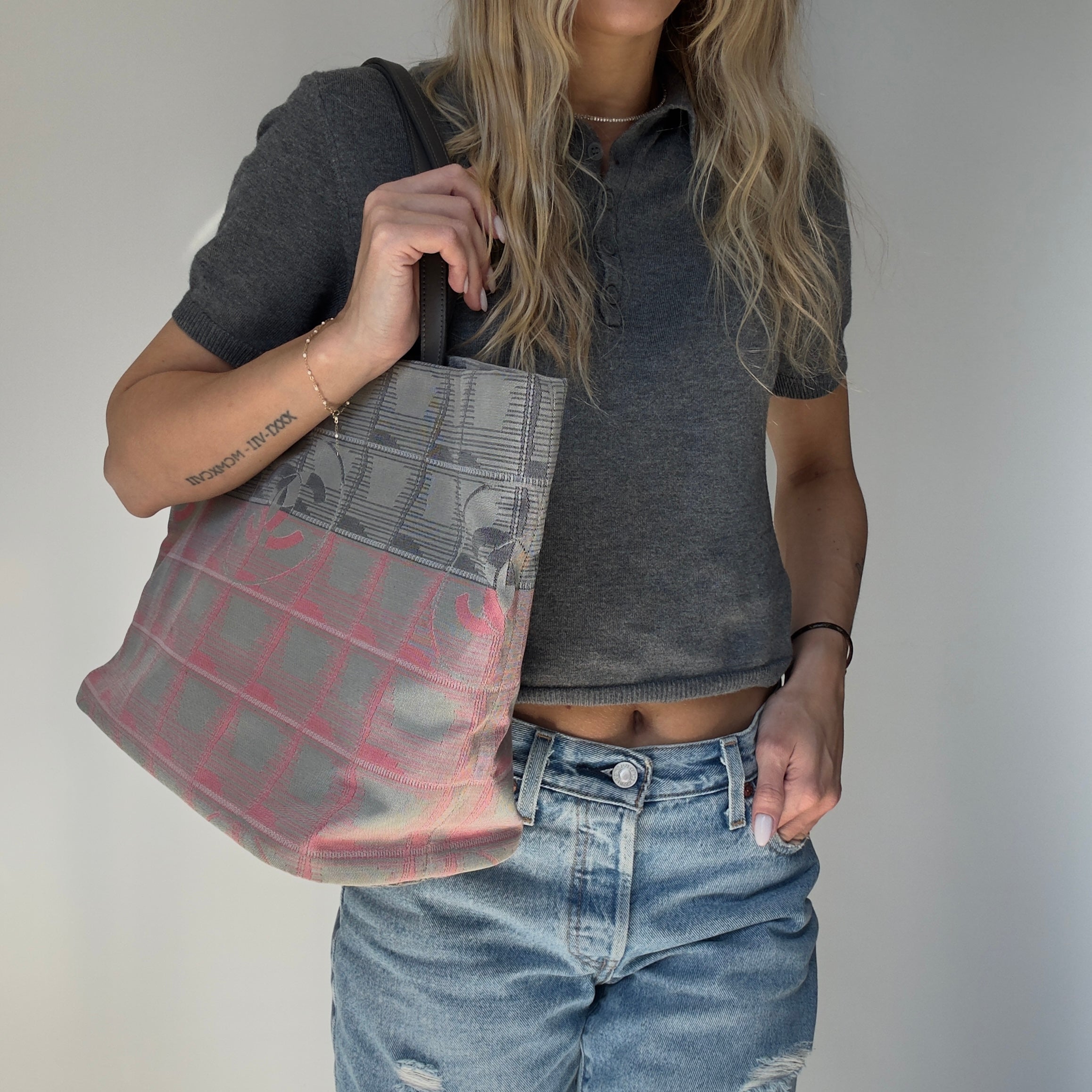 Chanel Travel Line Pink and Grey Canvas Tote Bag - Queen May