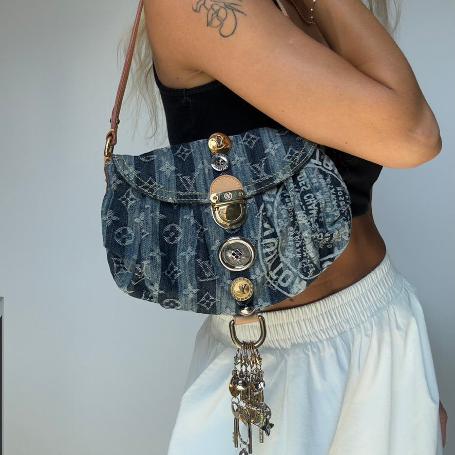 Rare Limited Edition Louis Vuitton Blue Monogram Raye Denim Judy Blame Mini Pleaty Gold & Silver Hardware, 2008 6 Charms - Queen May