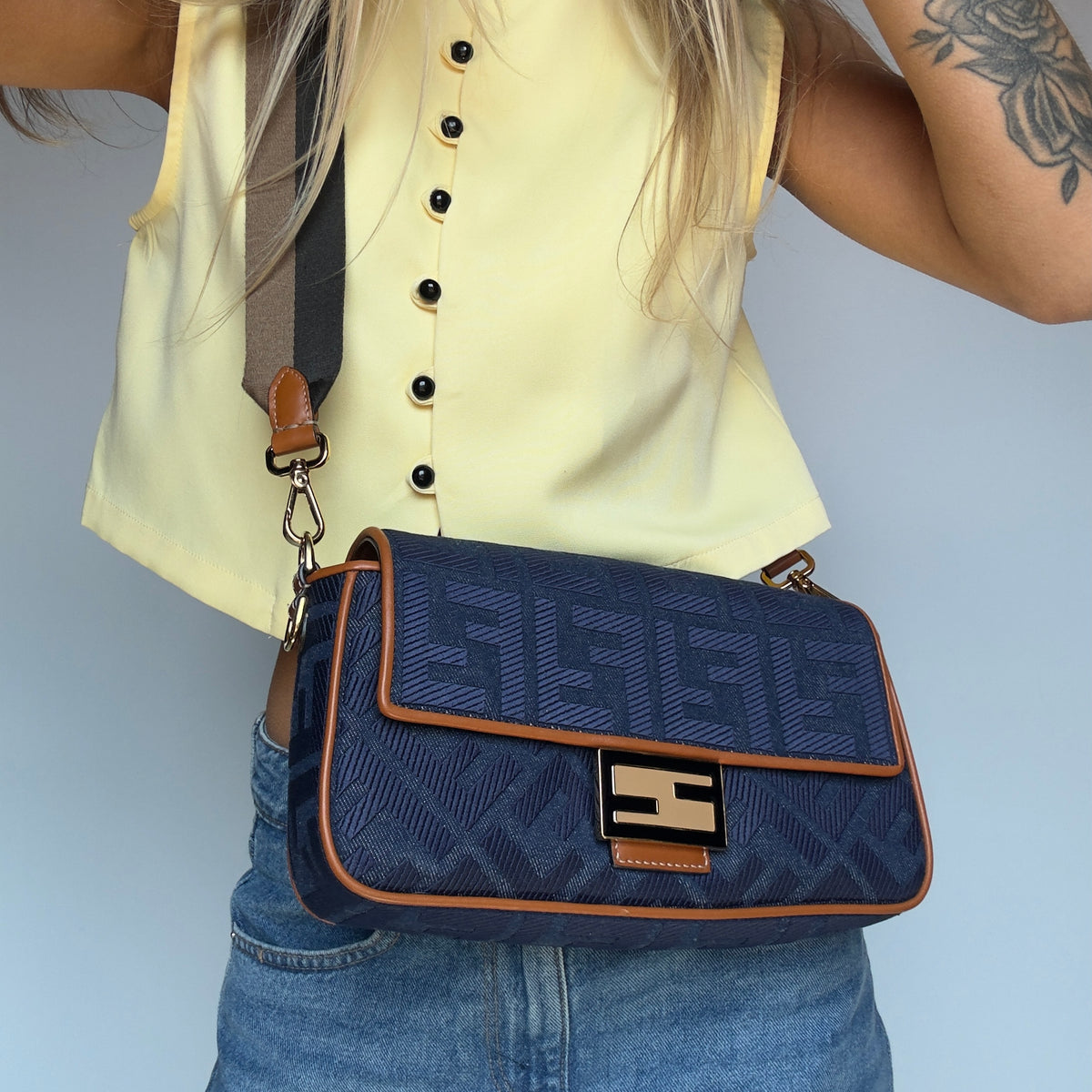 Fendi Zucca Embroidered Denim Baguette Satchel - Queen May