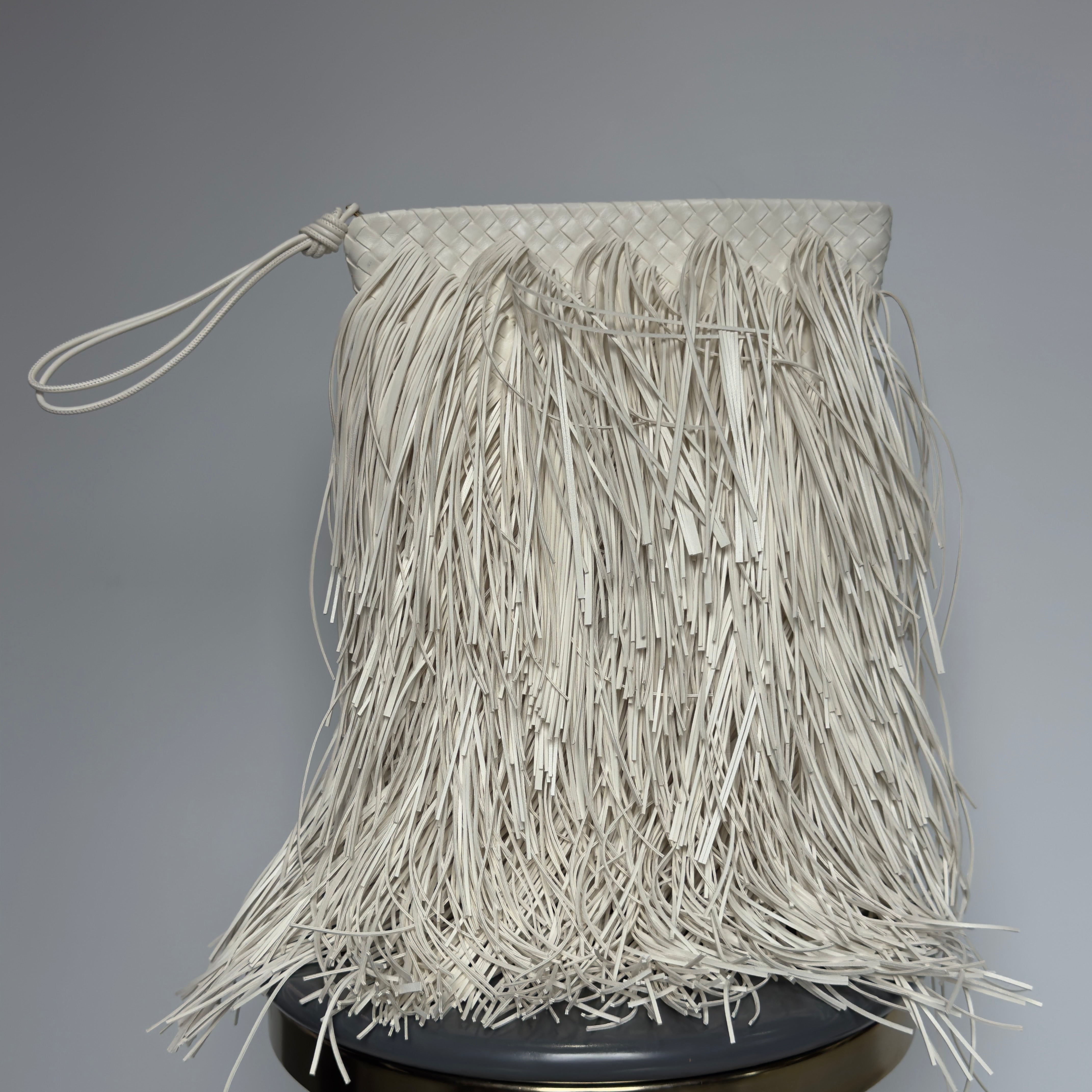 Bottega Veneta Intrecciato Fringe Leather Giornale Pouch In Alabaster