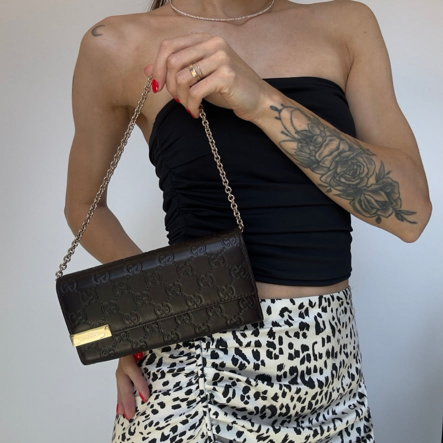 Gucci Brown Guccissima Leather Wallet Chain Clutch Bag - Queen May