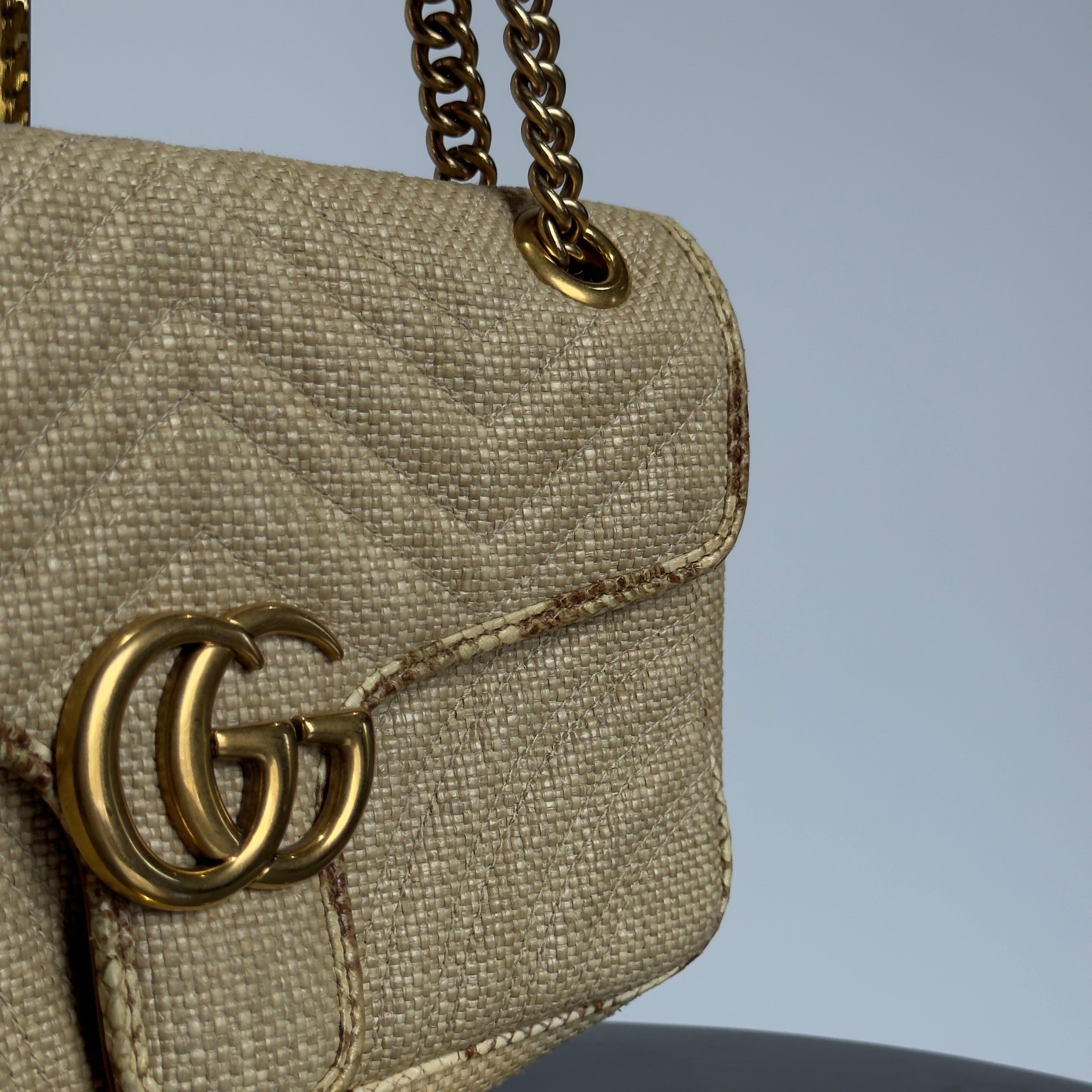 Gucci Raffia Elaphe Matelasse Small GG Shoulder Bag Natural Cream Brown