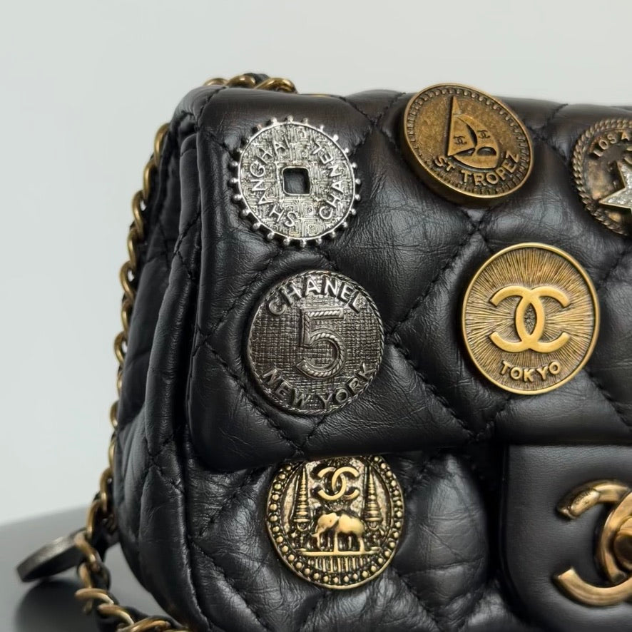 Limited Edition Chanel 2015 Calfskin Paris Dubai Coin Collector Extra Mini Flap Bag - Queen May