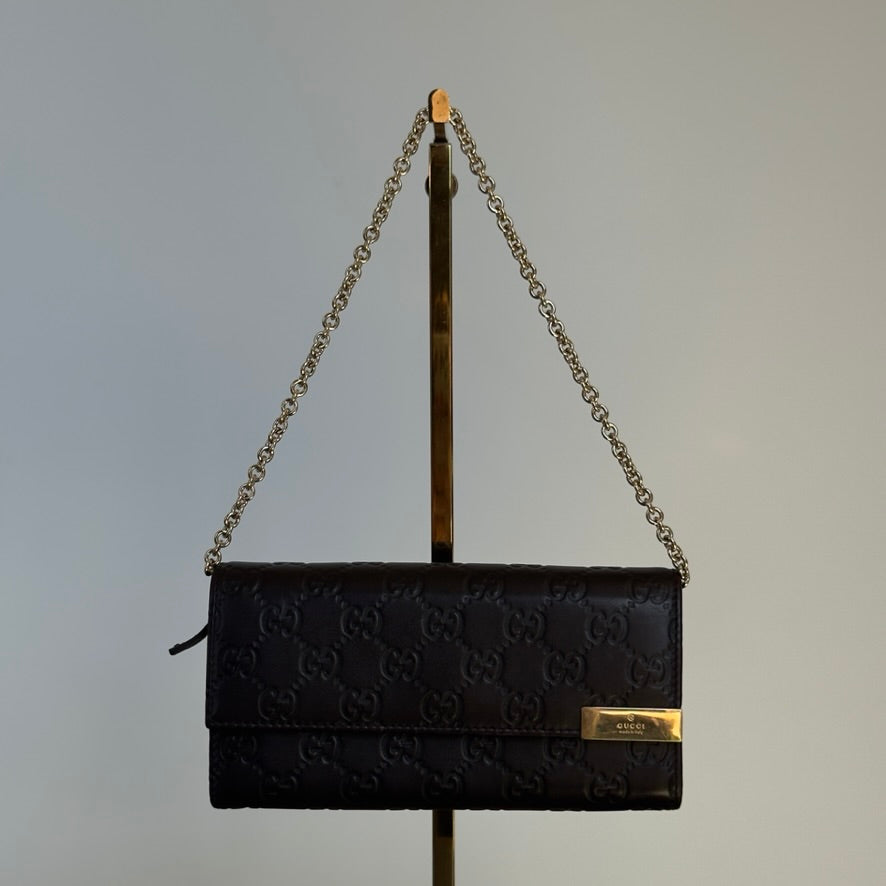 Gucci Brown Guccissima Leather Wallet Chain Clutch Bag - Queen May