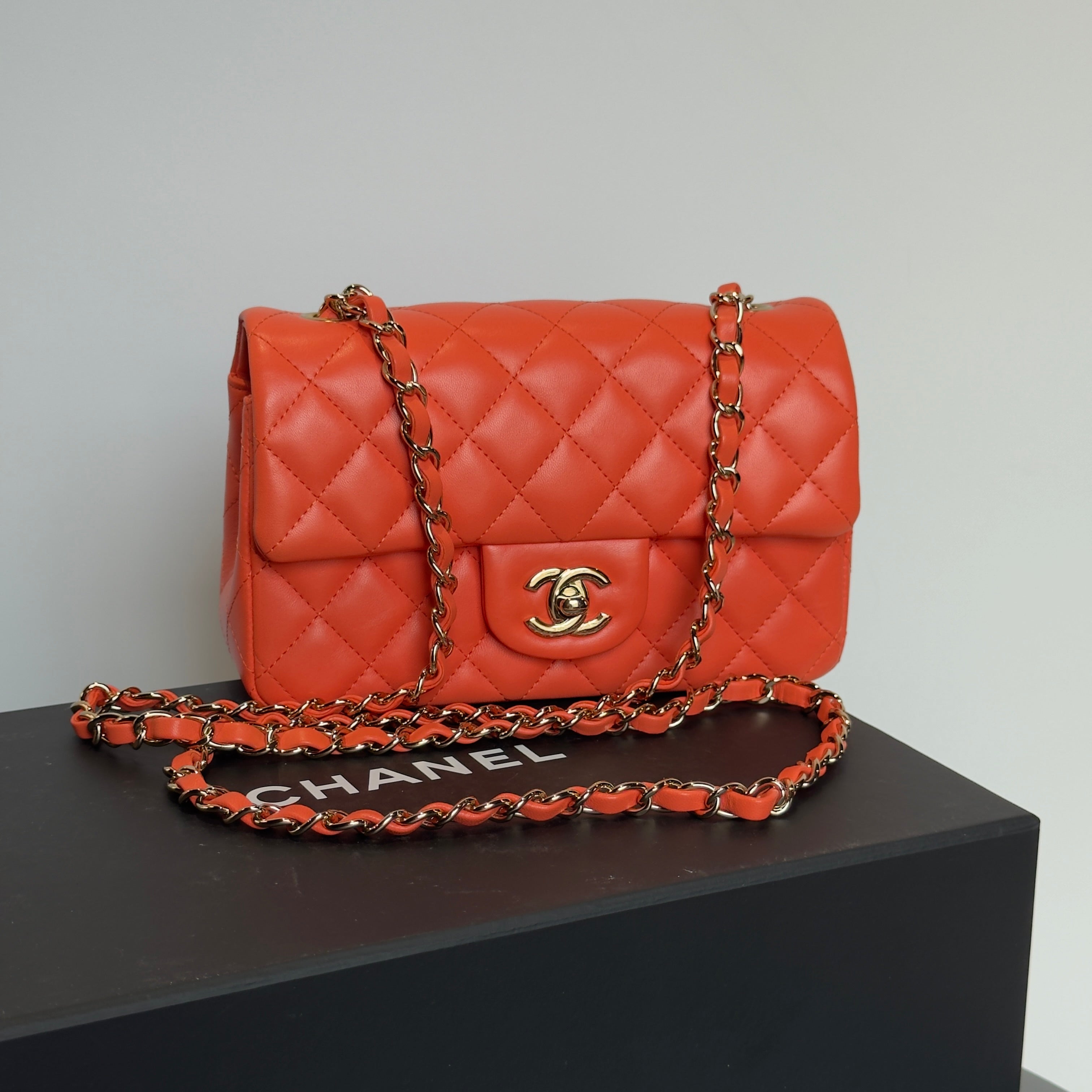 Chanel Quilted Mini Rectangular Flap Bag Lambskin Orange