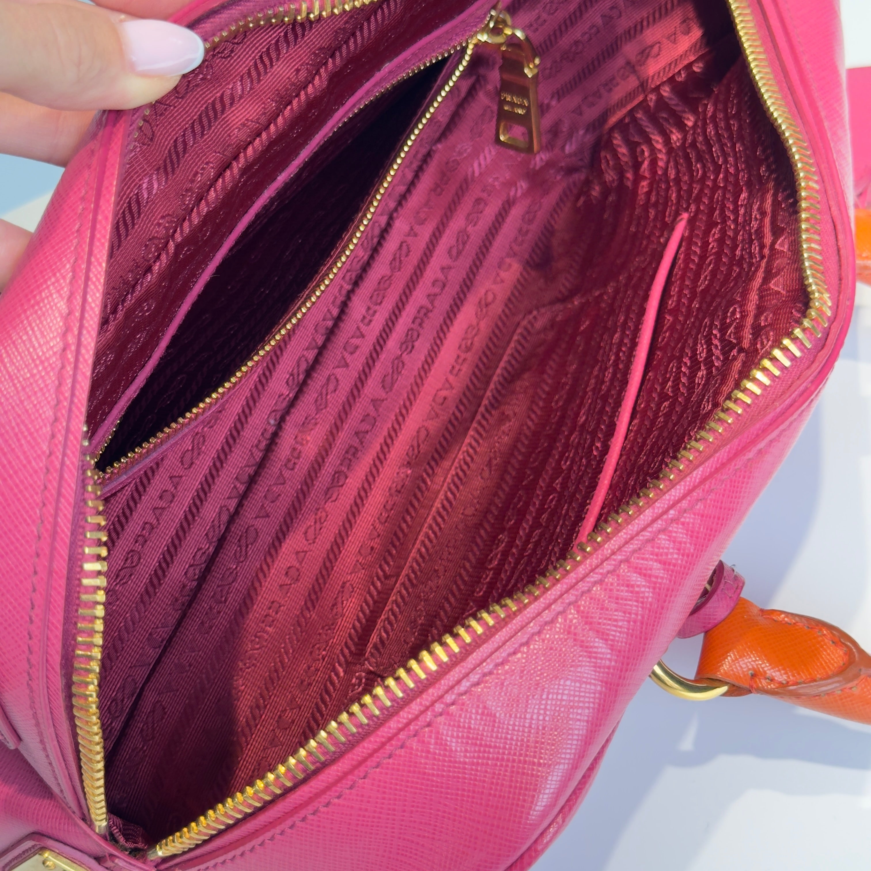 Prada Saffiano Bowling Bag in Pink and Orange - Queen May