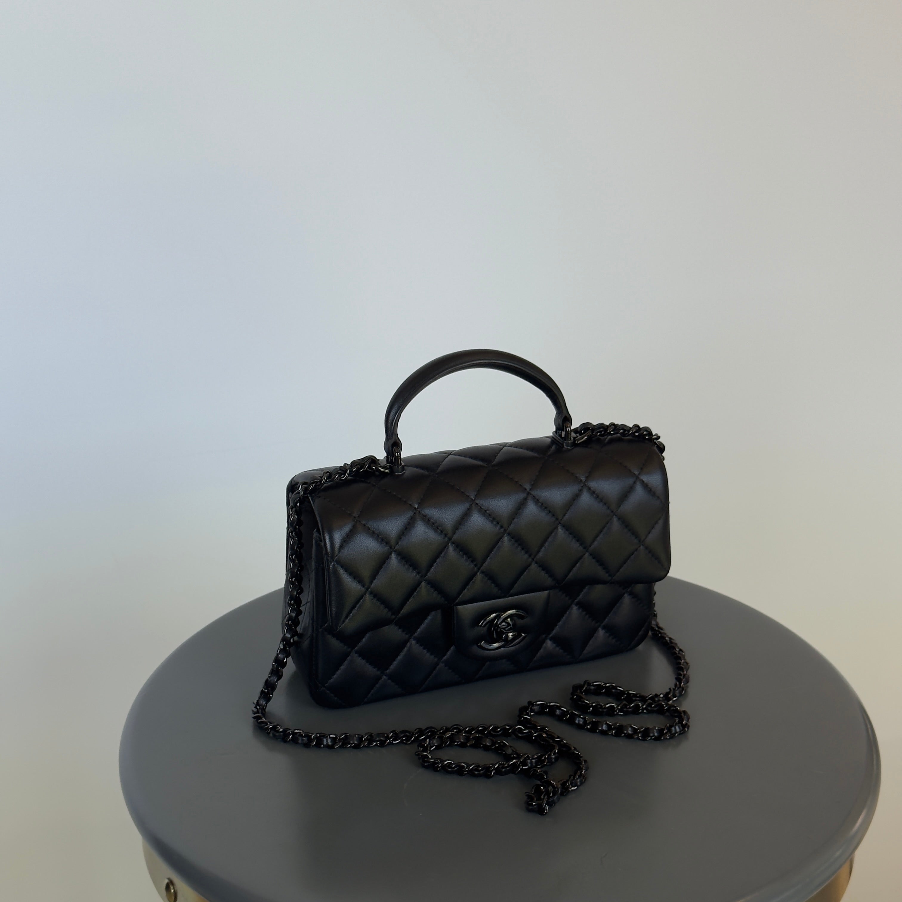 Chanel Lambskin Quilted Mini Top Handle Rectangular Flap So Black - Queen May