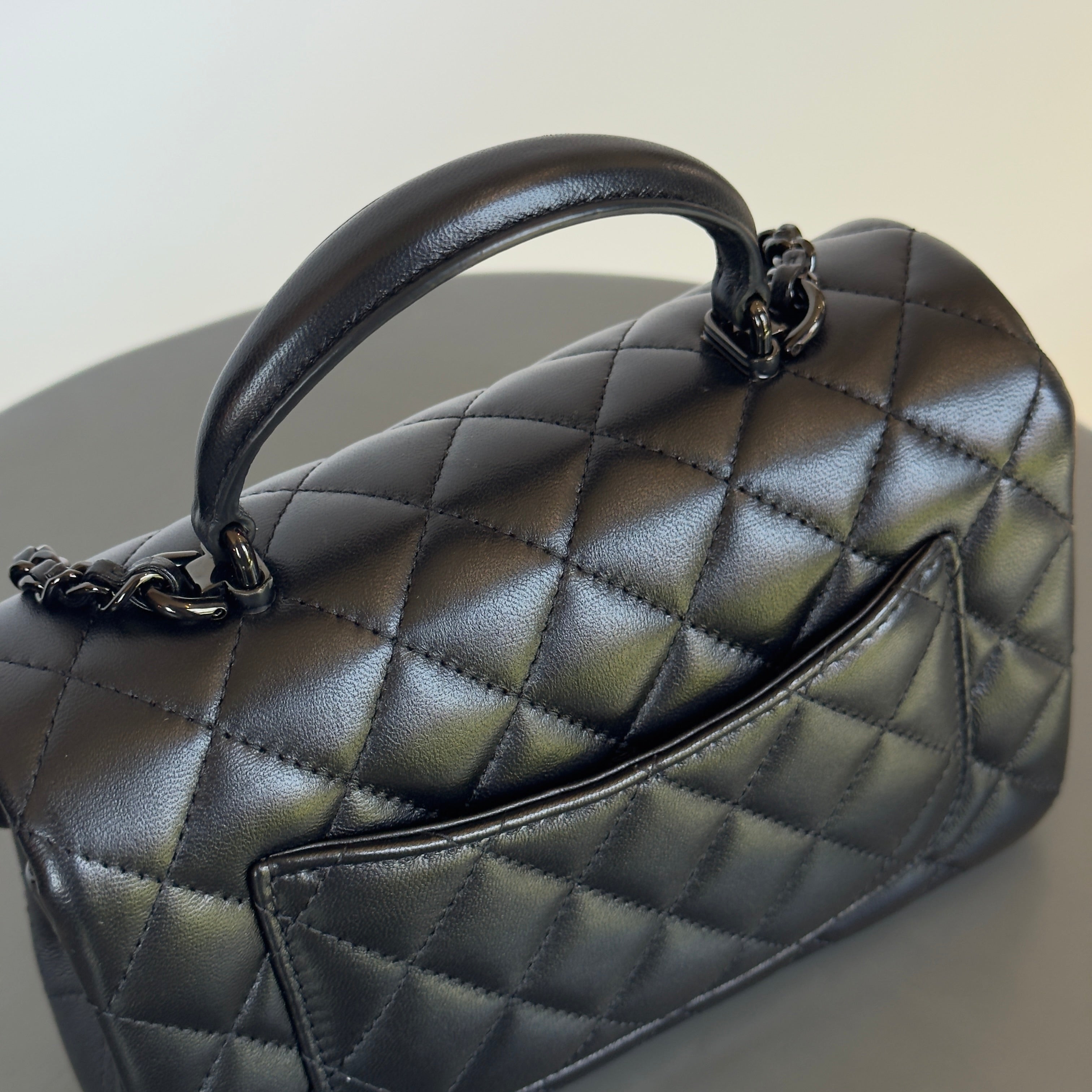 Chanel Lambskin Quilted Mini Top Handle Rectangular Flap So Black - Queen May