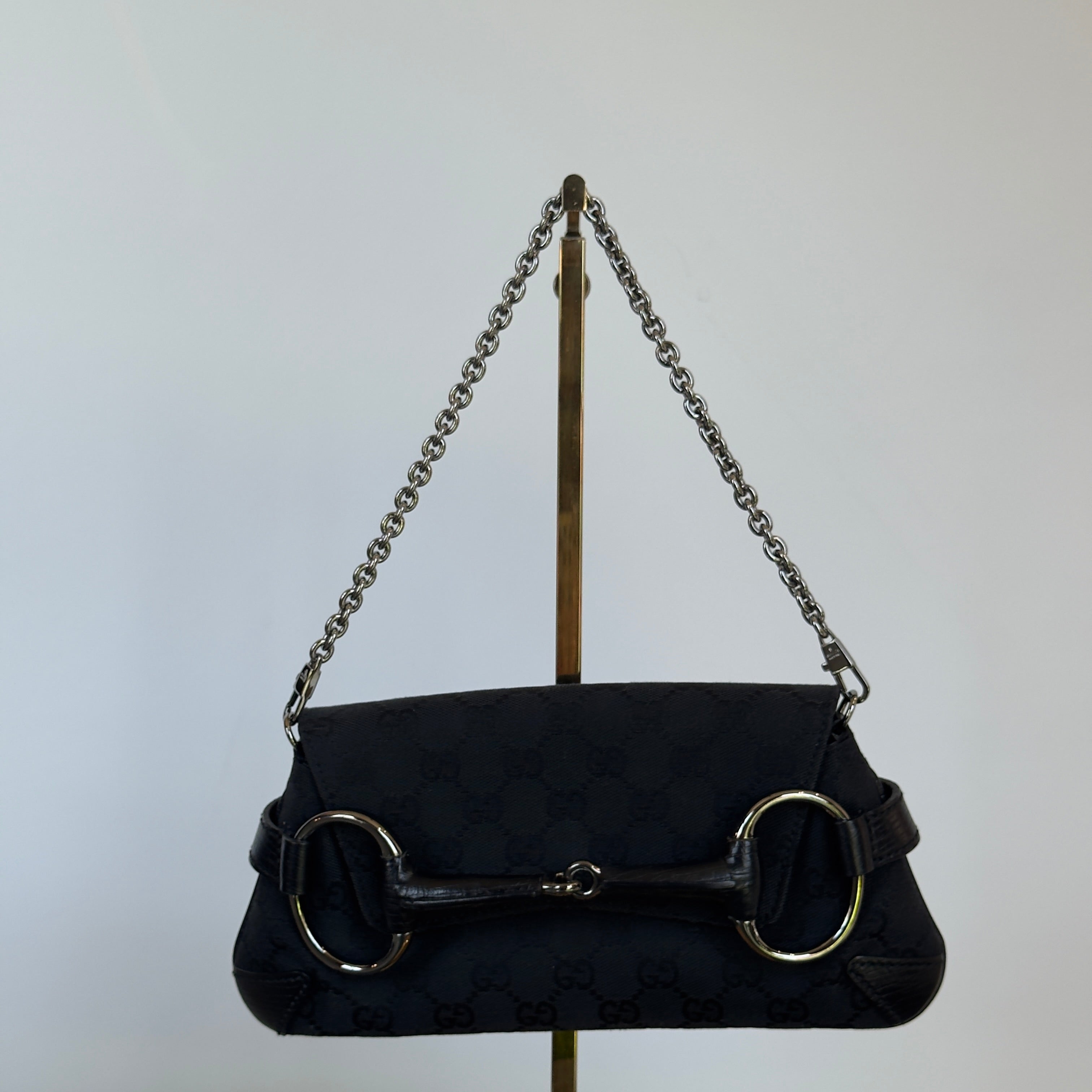 Rare Vintage Gucci Black GG Monogram Horsebit Shoulder Bag - Queen May