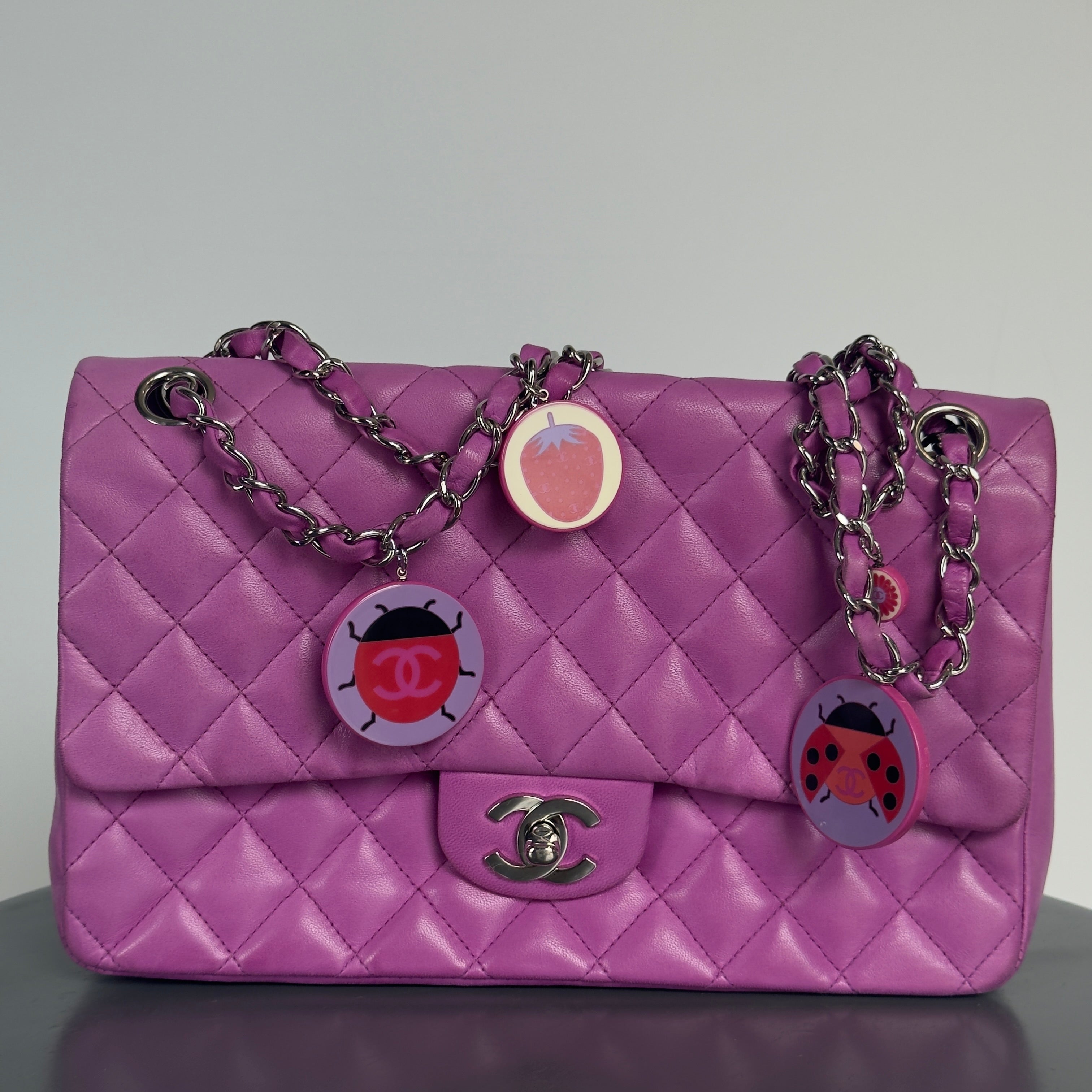 Rare Chanel Limited Edition Fuchsia Lambskin Leather Ladybug Charm Single Flap Bag - Queen May