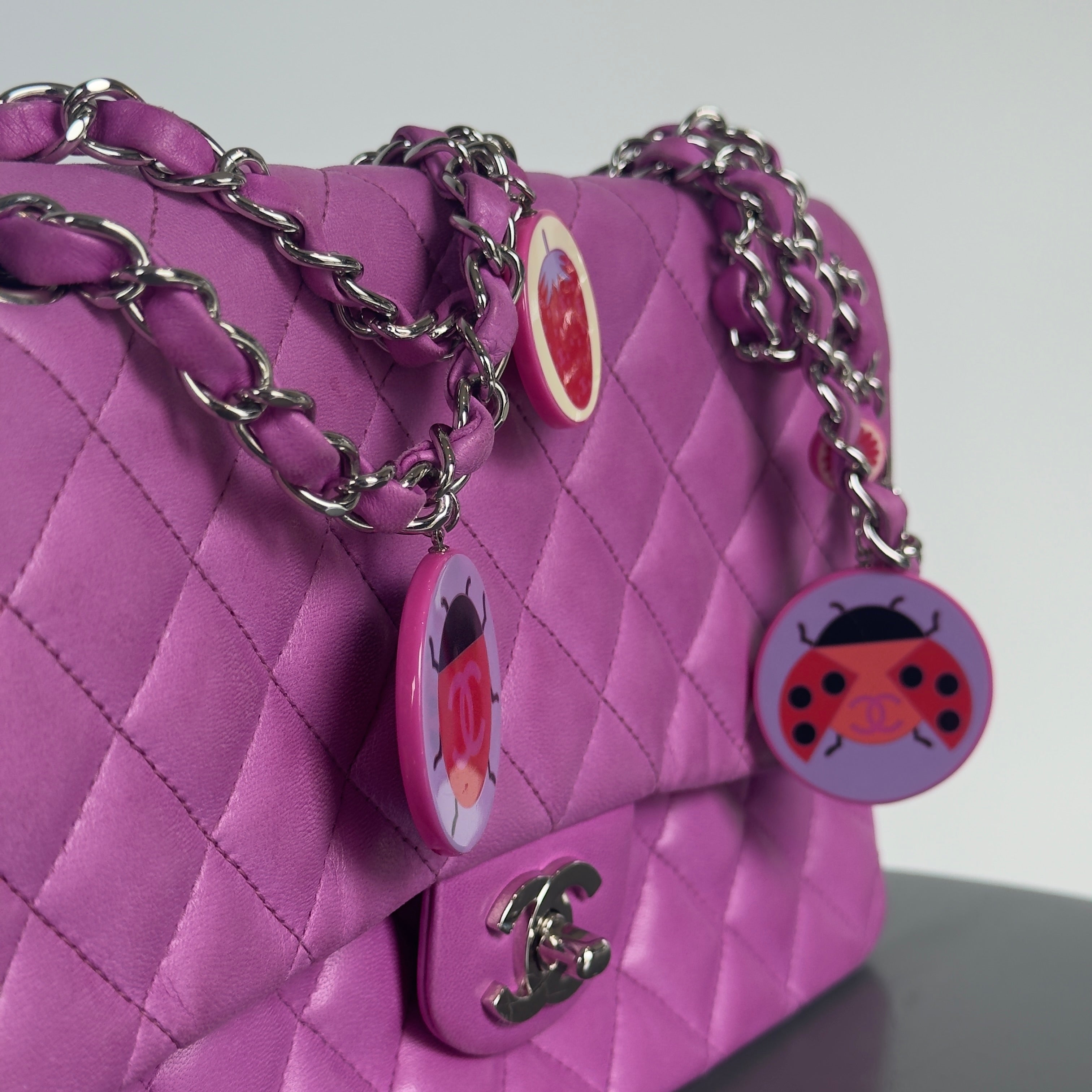 Rare Chanel Limited Edition Fuchsia Lambskin Leather Ladybug Charm Single Flap Bag - Queen May