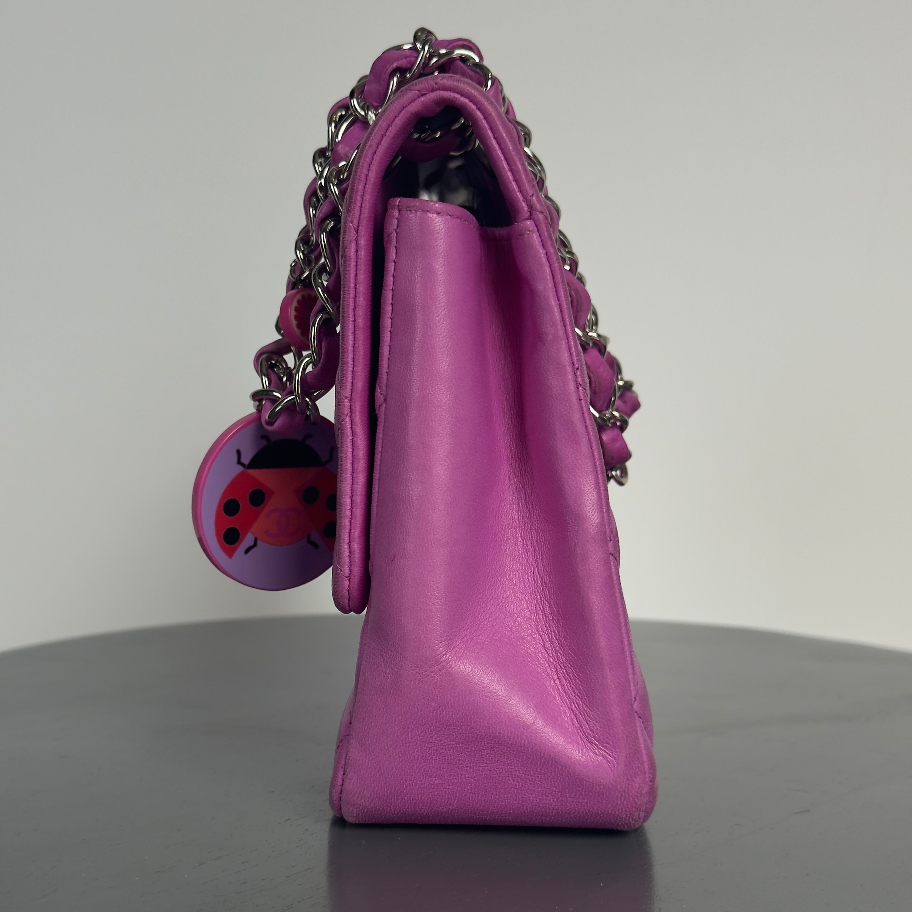 Rare Chanel Limited Edition Fuchsia Lambskin Leather Ladybug Charm Single Flap Bag - Queen May