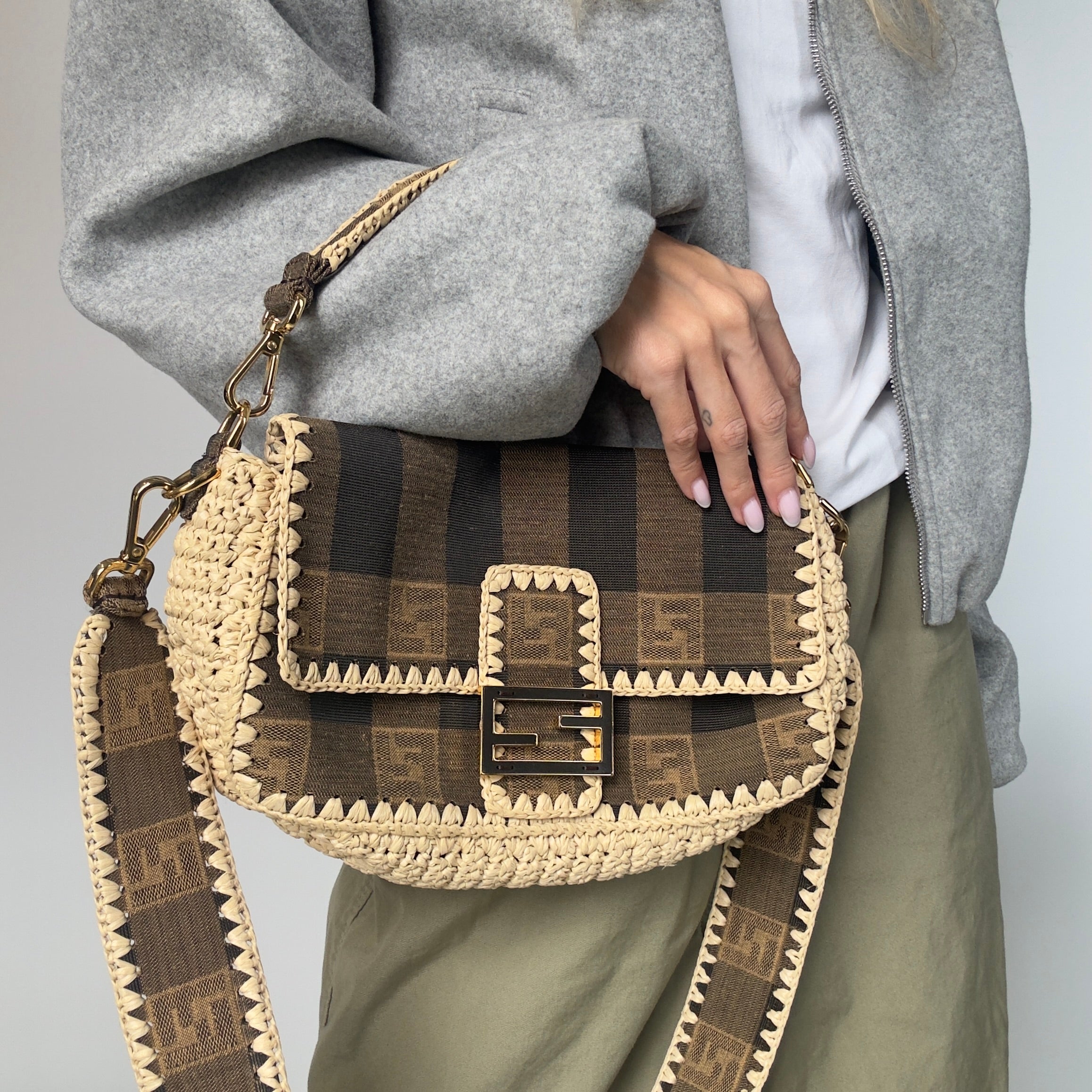 Fendi Baguette NM Pequin Canvas With Raffia Medium - Queen May