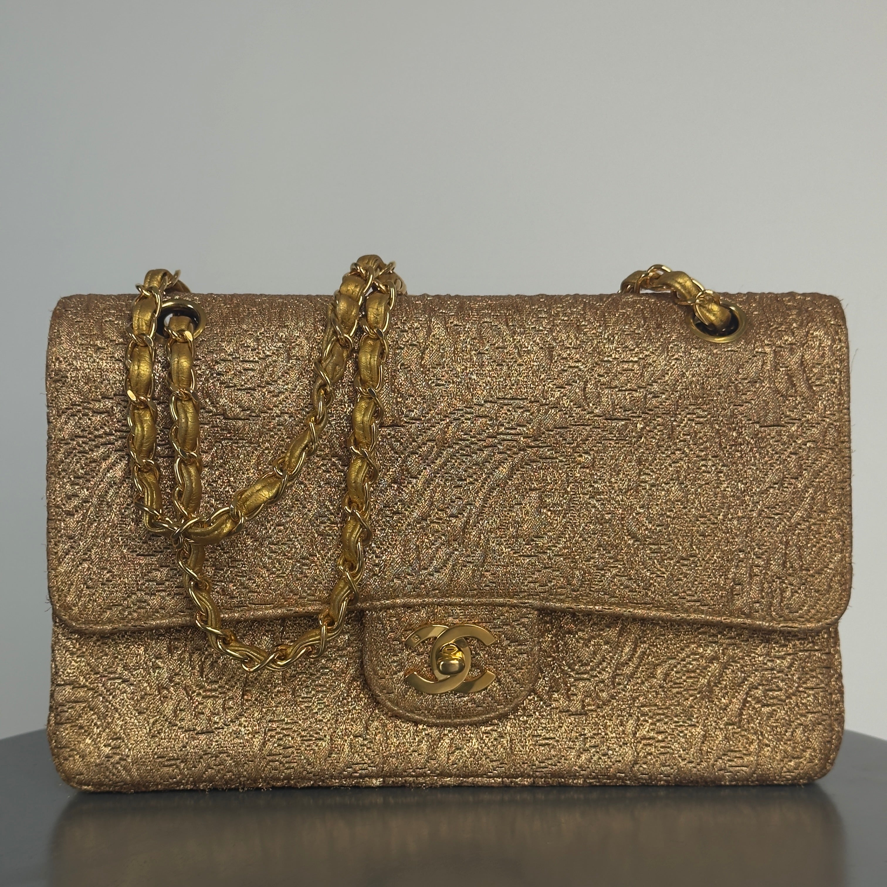 Rare Vintage Chanel Gold Brocade Medium Double Flap - Queen May