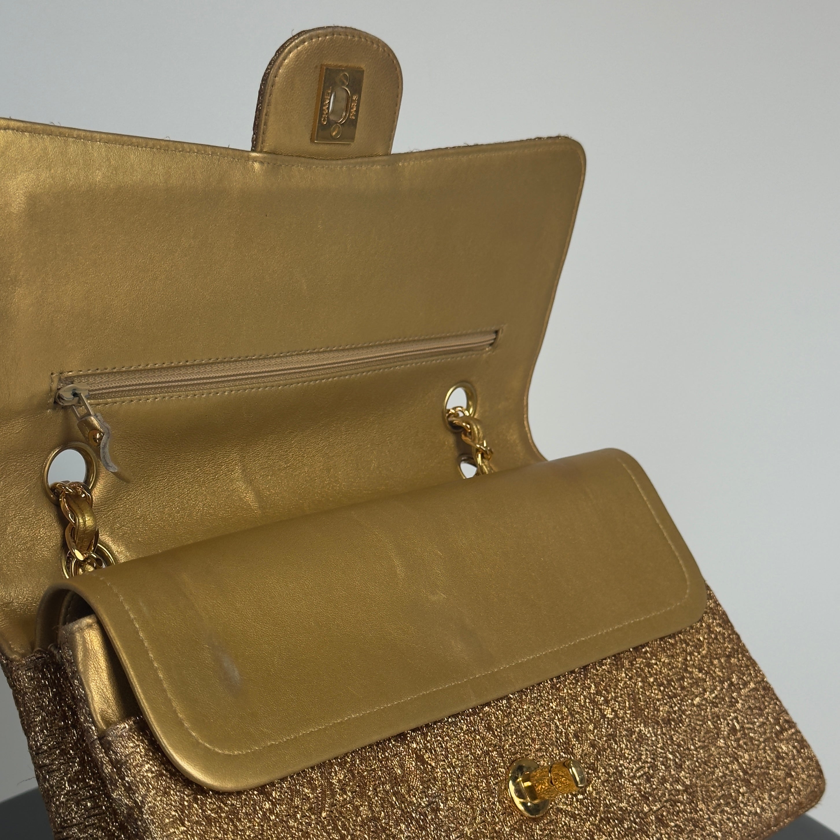 Rare Vintage Chanel Gold Brocade Medium Double Flap - Queen May