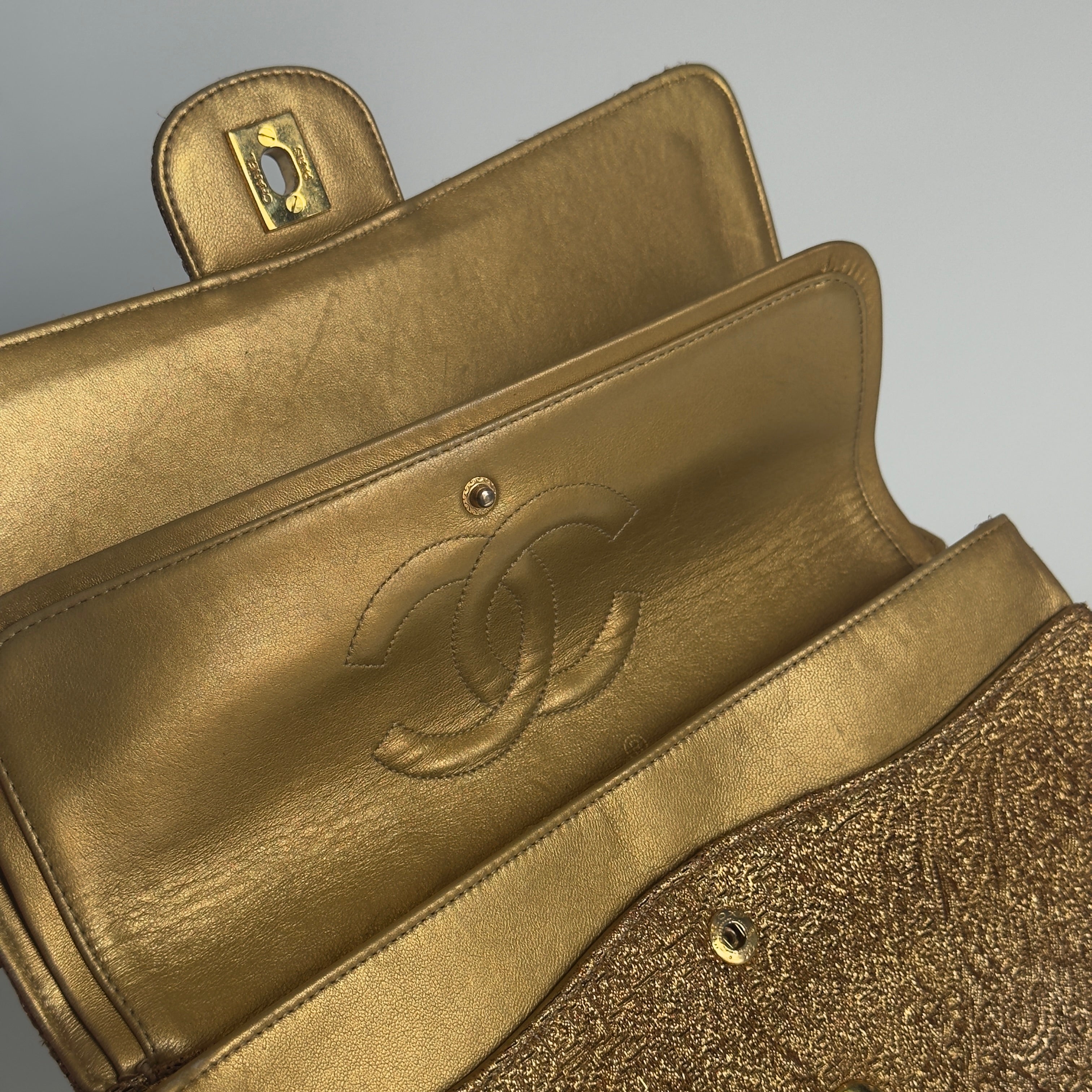 Rare Vintage Chanel Gold Brocade Medium Double Flap - Queen May