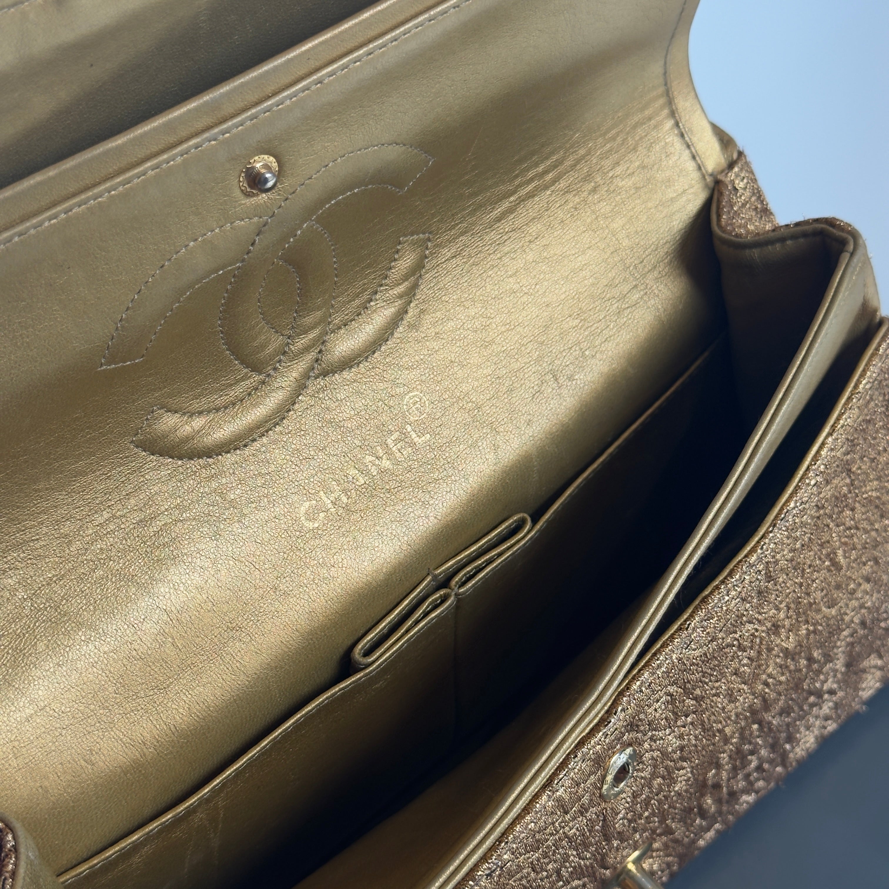 Rare Vintage Chanel Gold Brocade Medium Double Flap - Queen May