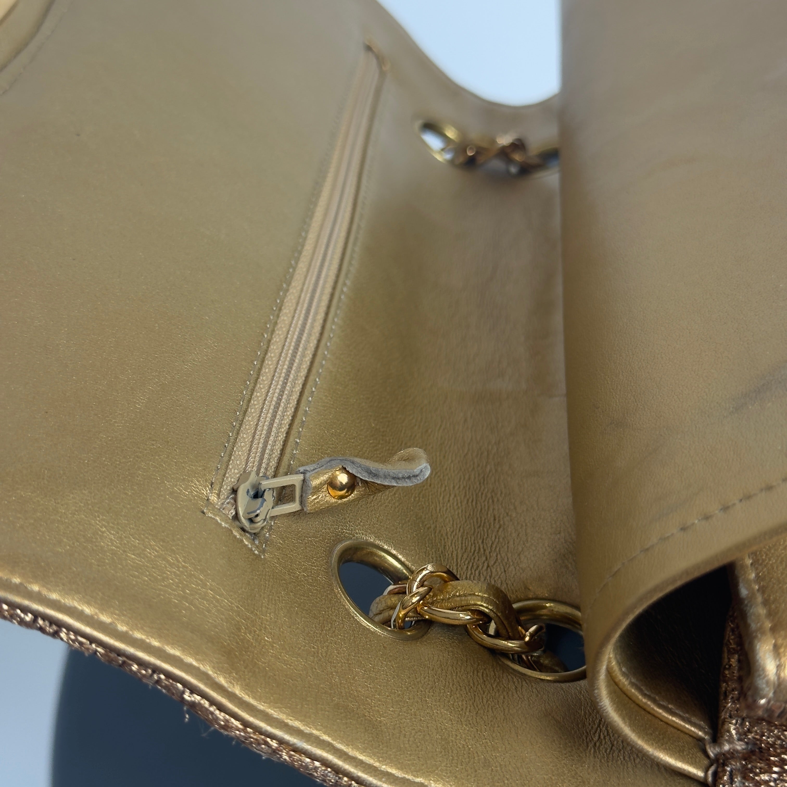 Rare Vintage Chanel Gold Brocade Medium Double Flap - Queen May