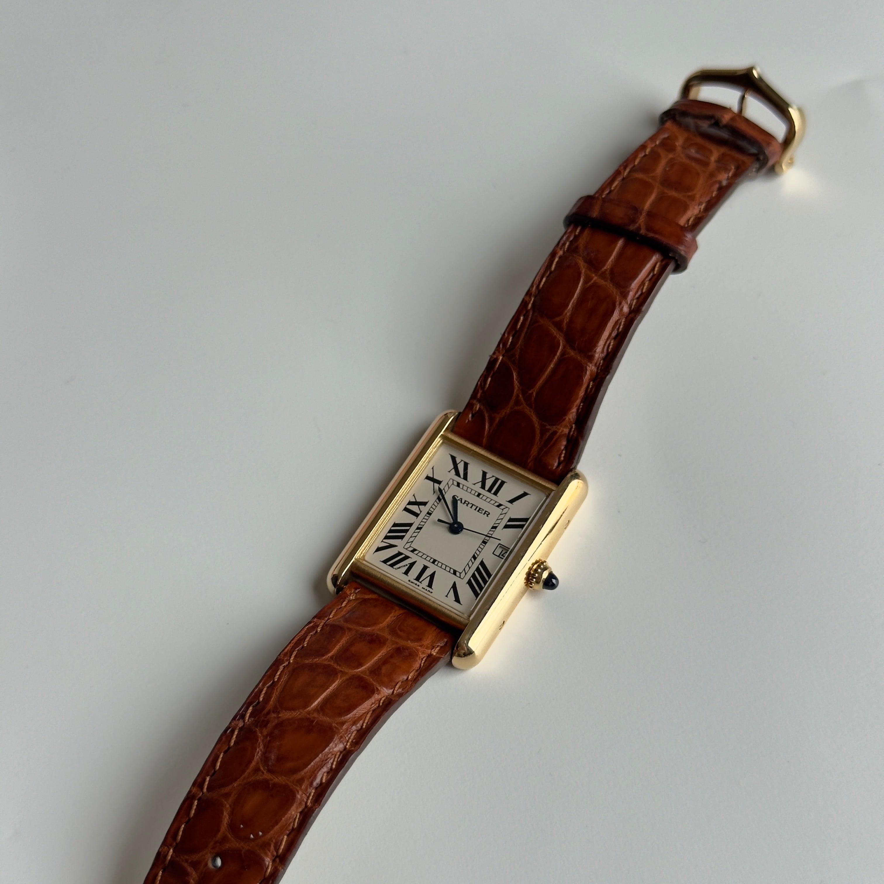 Cartier Tank Louis Cartier Model 2441 White Roman Numeral Dial Quartz 25MM 18K Yellow Gold Brown Leather Strap - Queen May