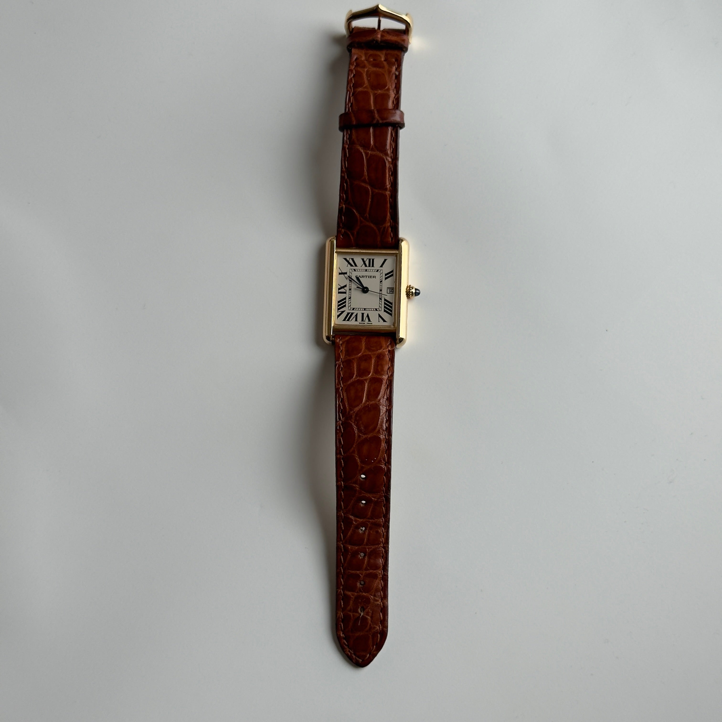 Cartier Tank Louis Cartier Model 2441 White Roman Numeral Dial Quartz 25MM 18K Yellow Gold Brown Leather Strap - Queen May
