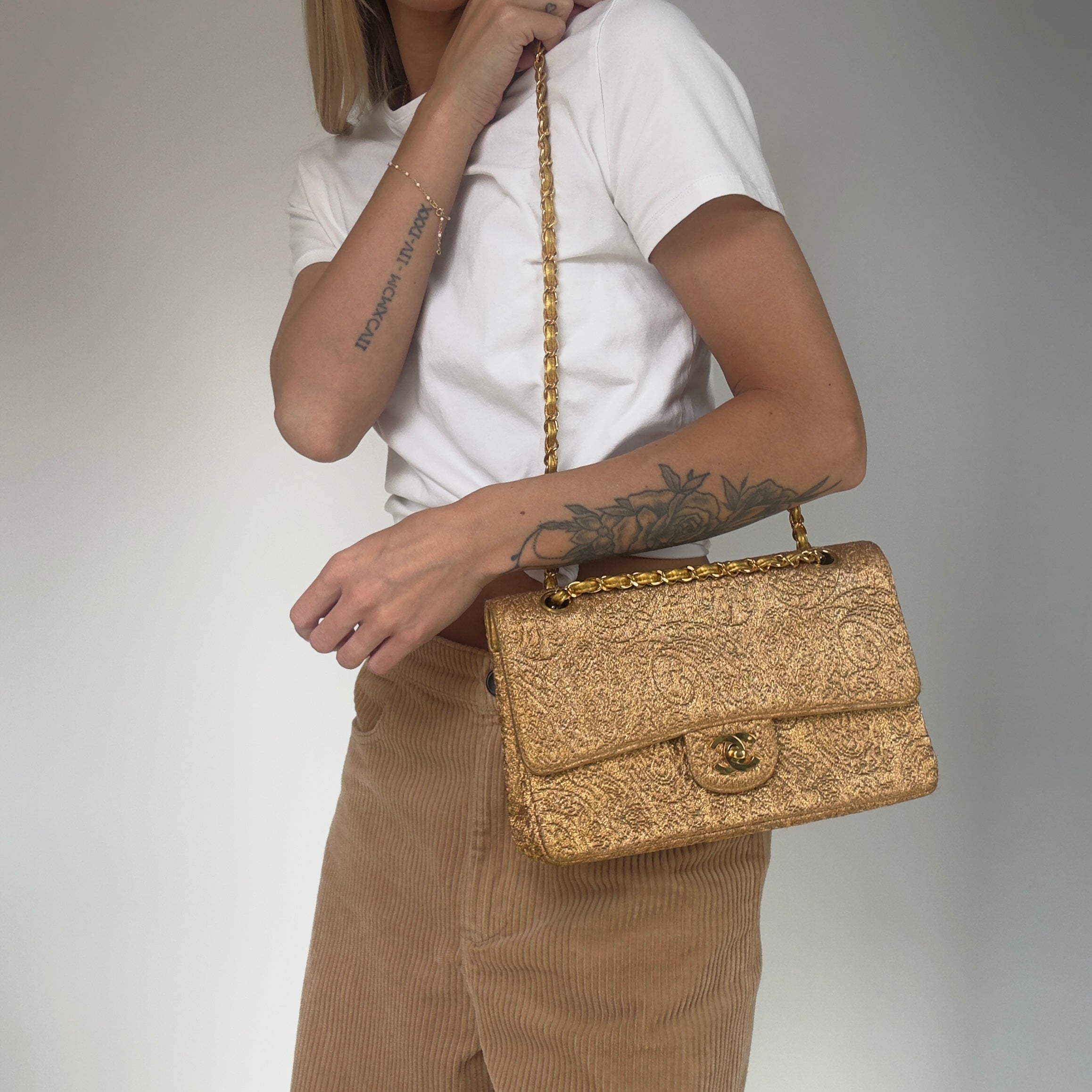 Rare Vintage Chanel Gold Brocade Medium Double Flap - Queen May