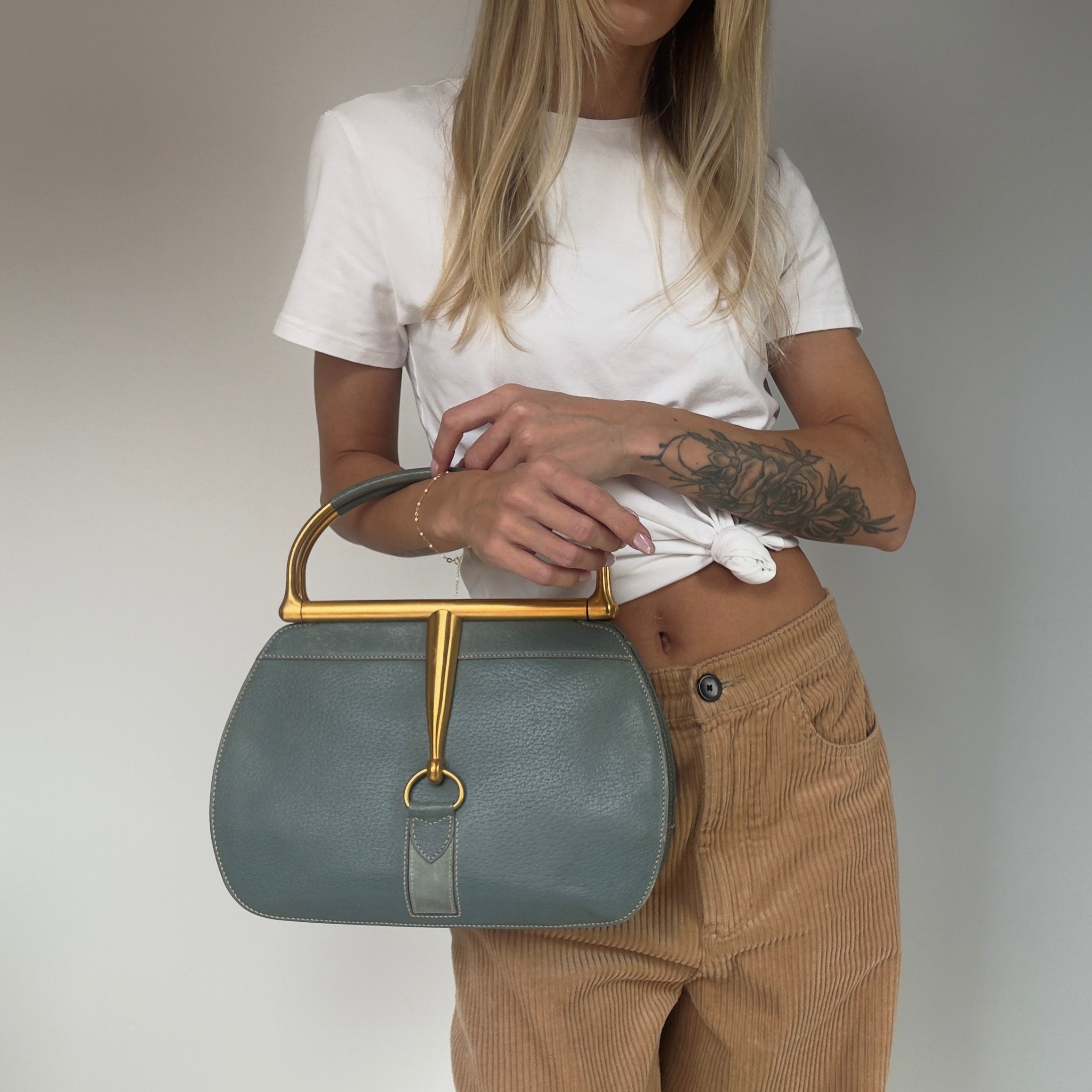 Rare Vintage Gucci Blue Jean Leather Snafflebit Top Handle Bag - Queen May