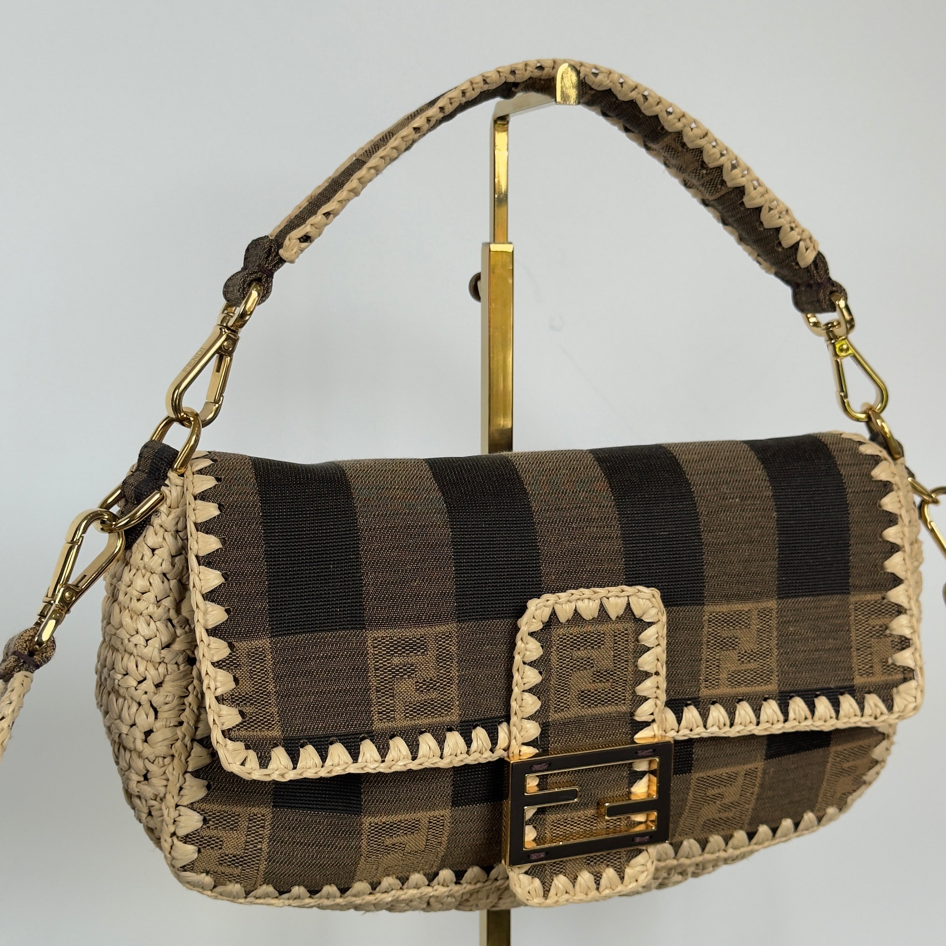 Fendi Baguette NM Pequin Canvas With Raffia Medium - Queen May