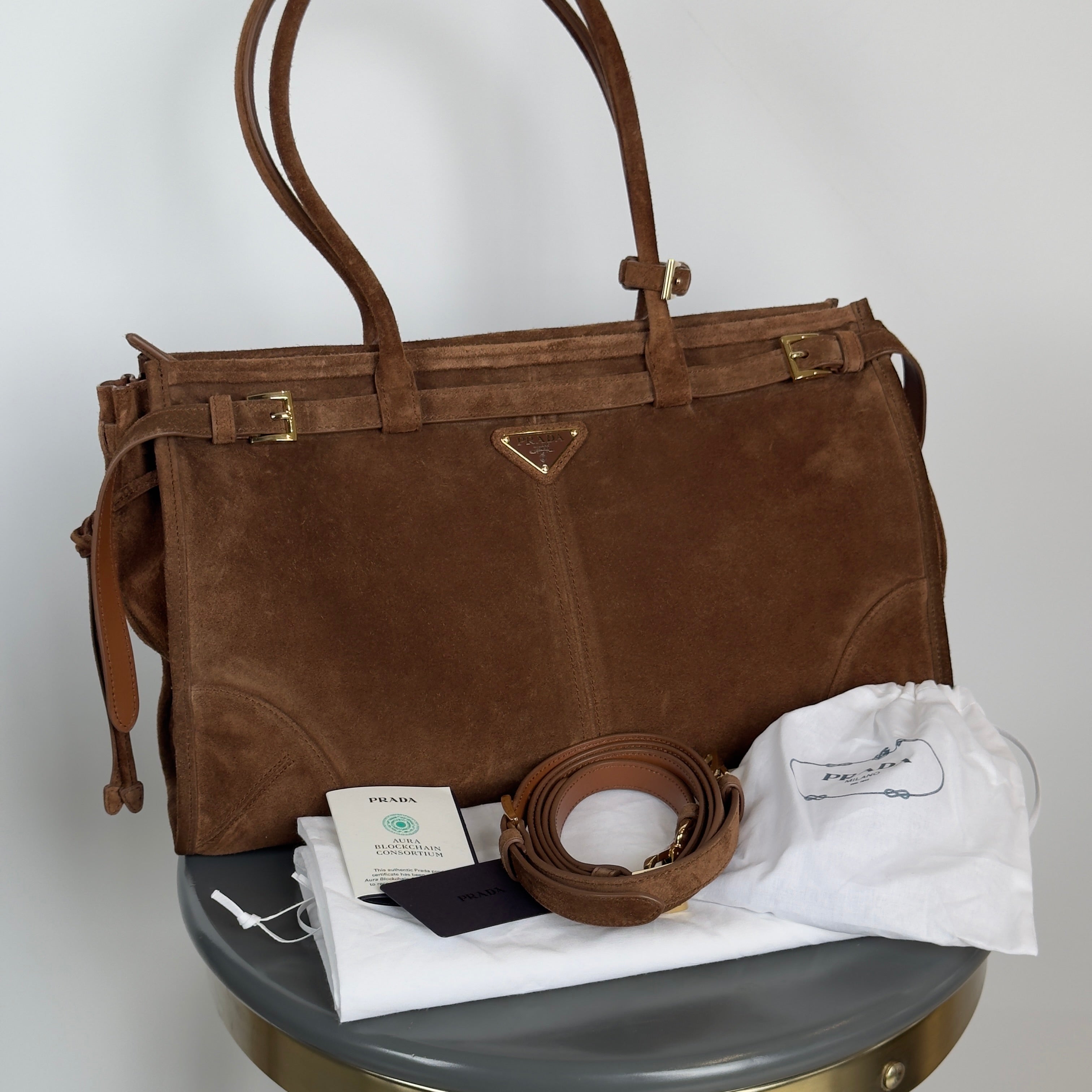 Prada Brown Suede Bonnie Tote Large - Queen May