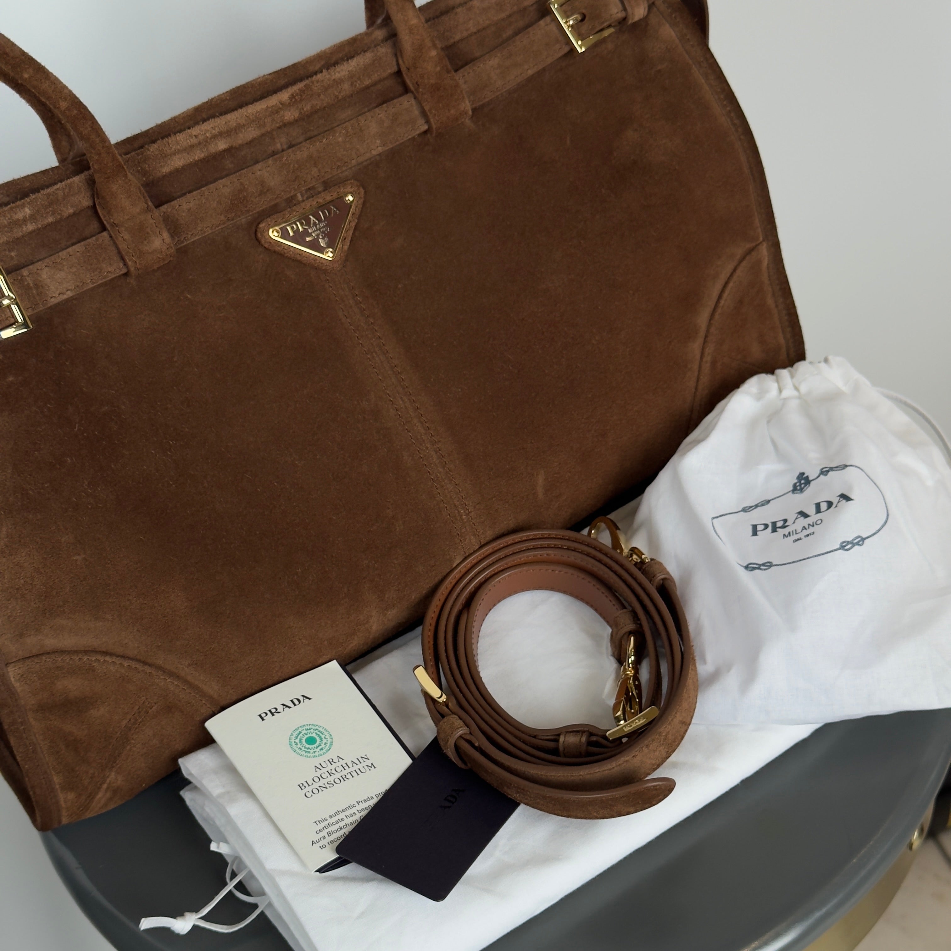 Prada Brown Suede Bonnie Tote Large - Queen May