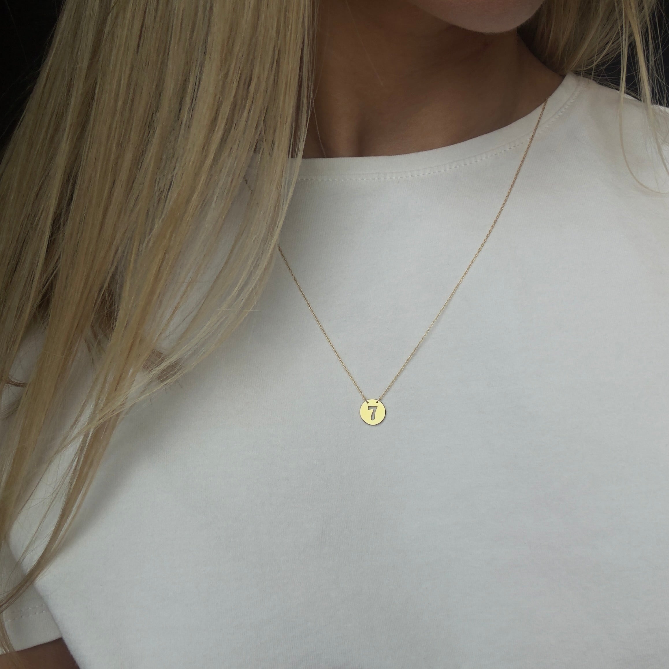 14K Yellow Gold Mini Lucky 7 Disc Pendant Necklace - Queen May