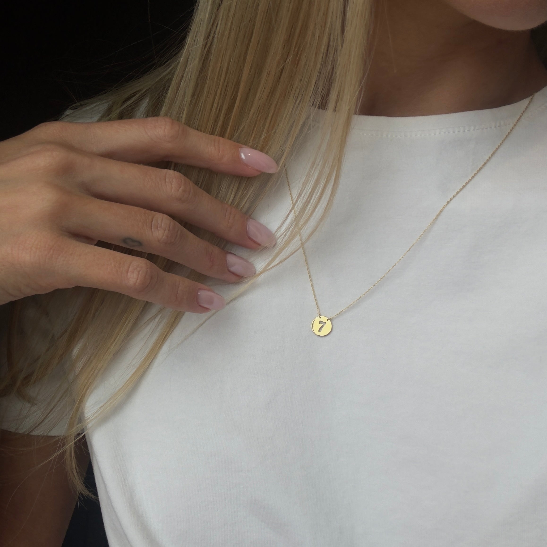 14K Yellow Gold Mini Lucky 7 Disc Pendant Necklace - Queen May