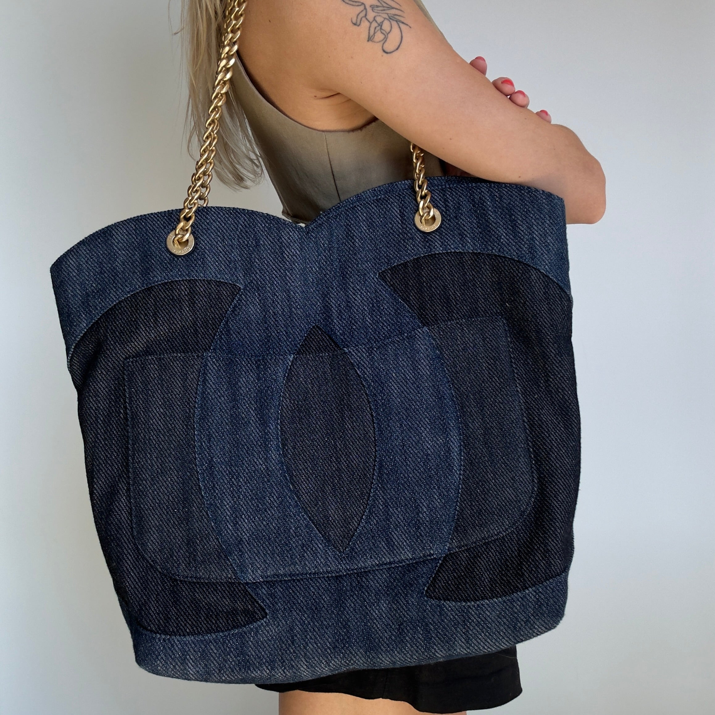Chanel Denim Large Two Tone CC Shopping Tote with interior removable pochette - Queen May