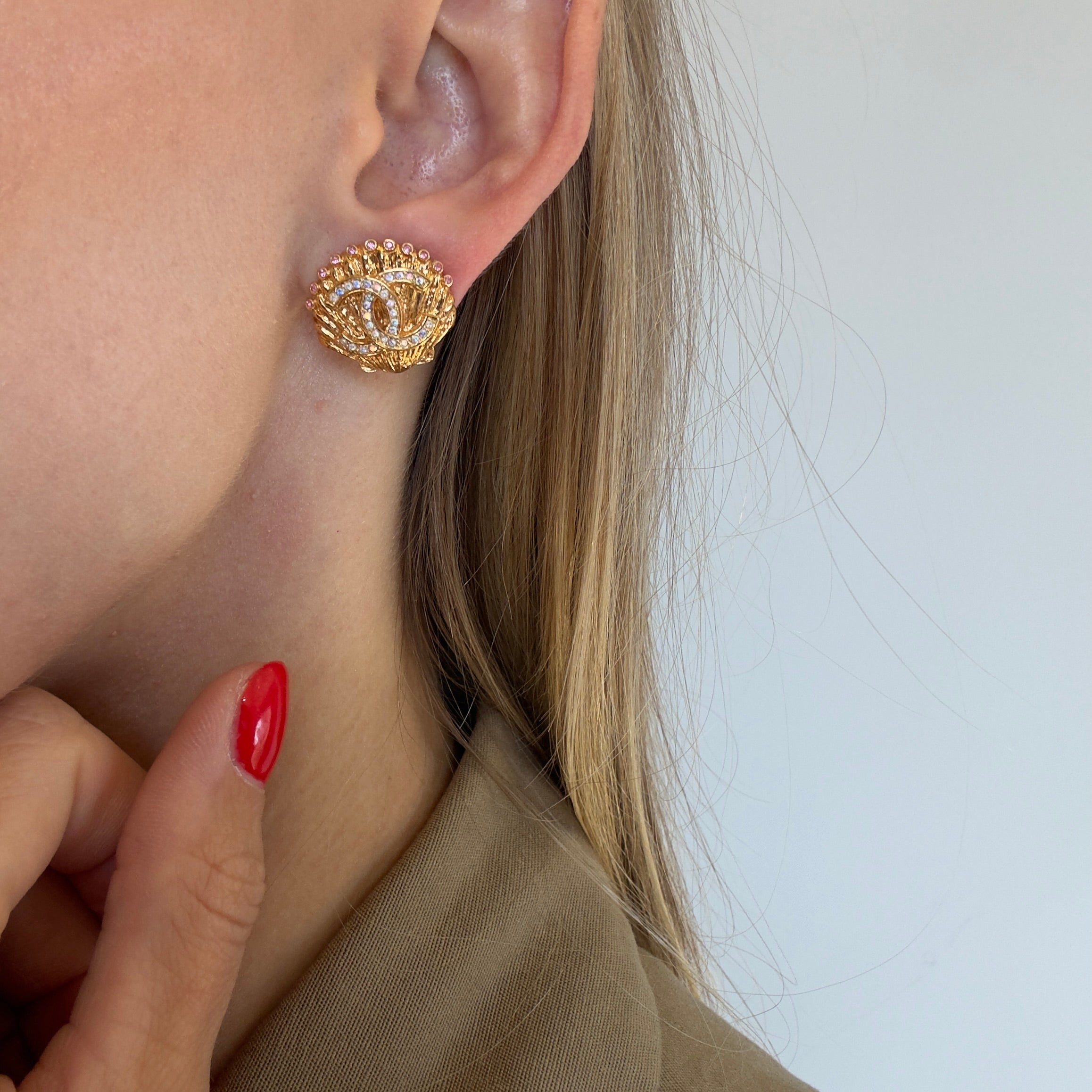 Chanel Crystal CC Shell Stud Earrings - Queen May