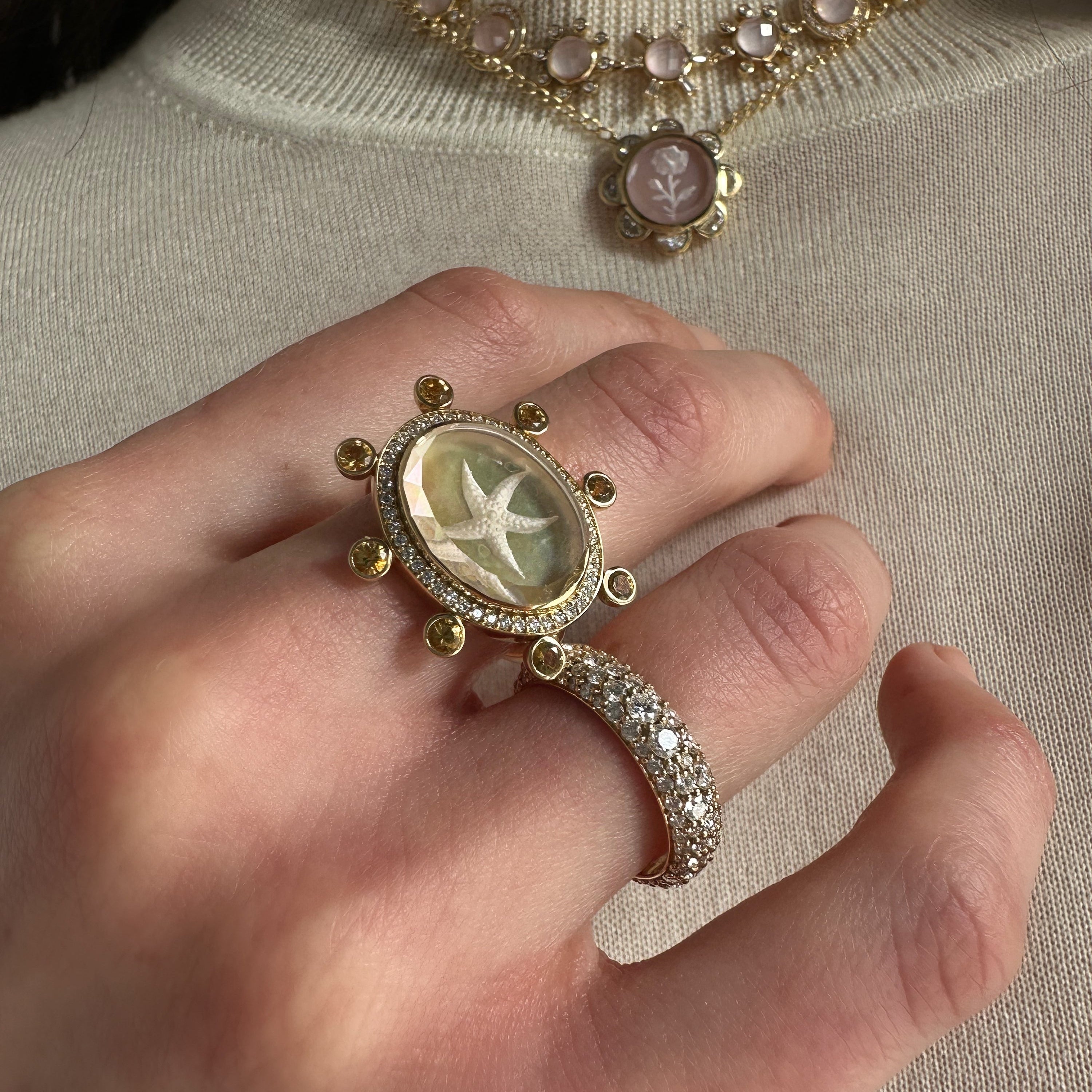 Renna Starfish Caspian Ring - Yellow Mother-of-Pearl, Diamond and Yellow Sapphire - Queen May