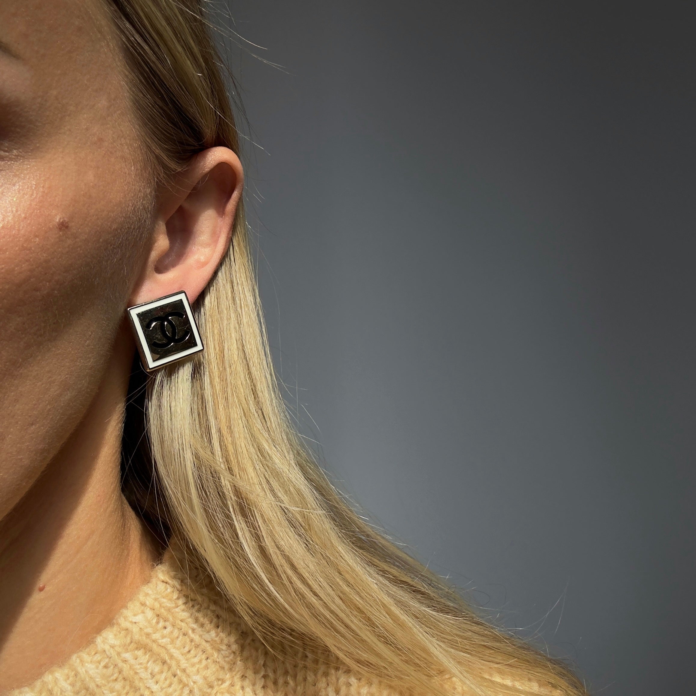 Chanel B21 Square White Enamel CC Earrings - Queen May