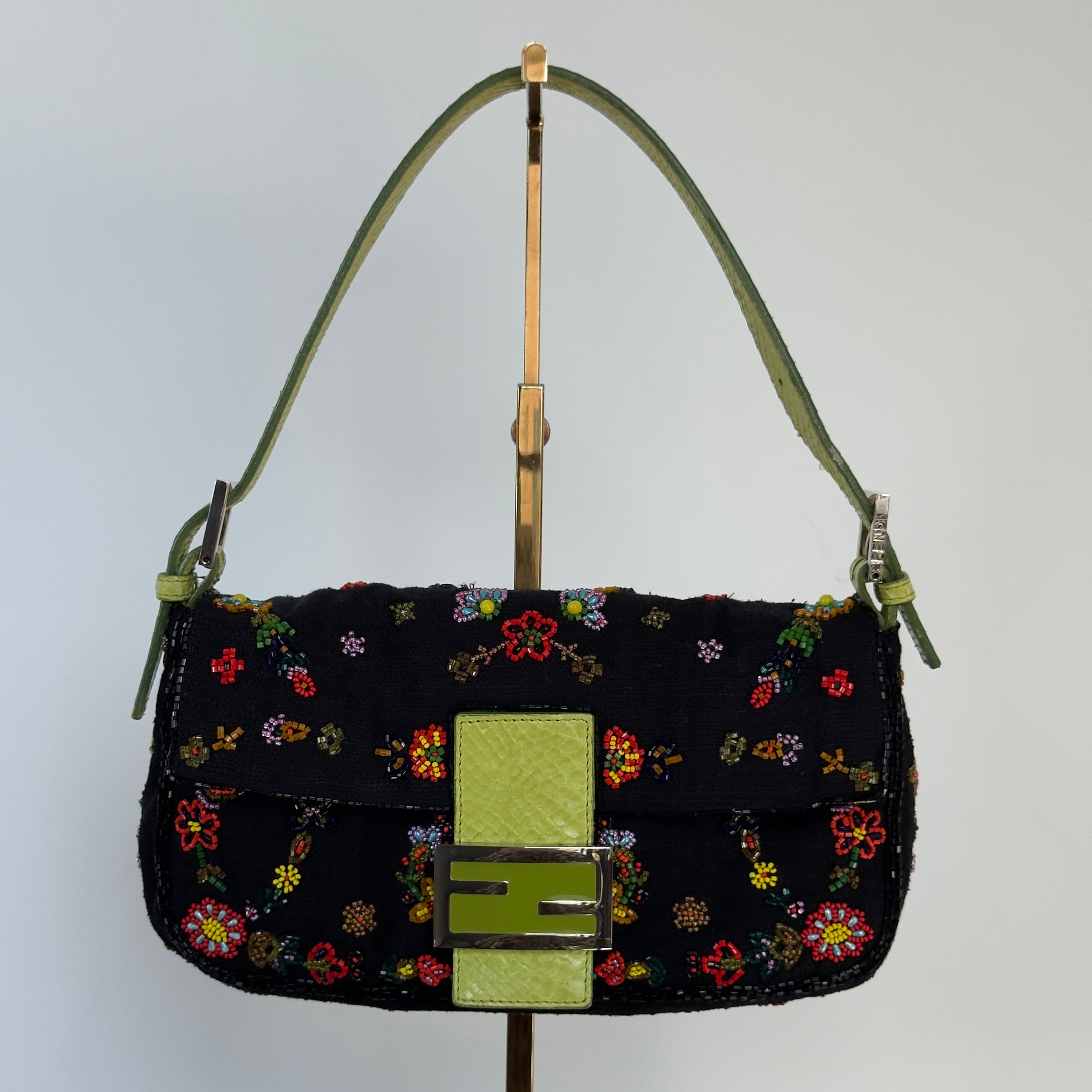Rare Fendi Black Floral Beaded Baguette With Green Python Strap and Flap - Queen May
