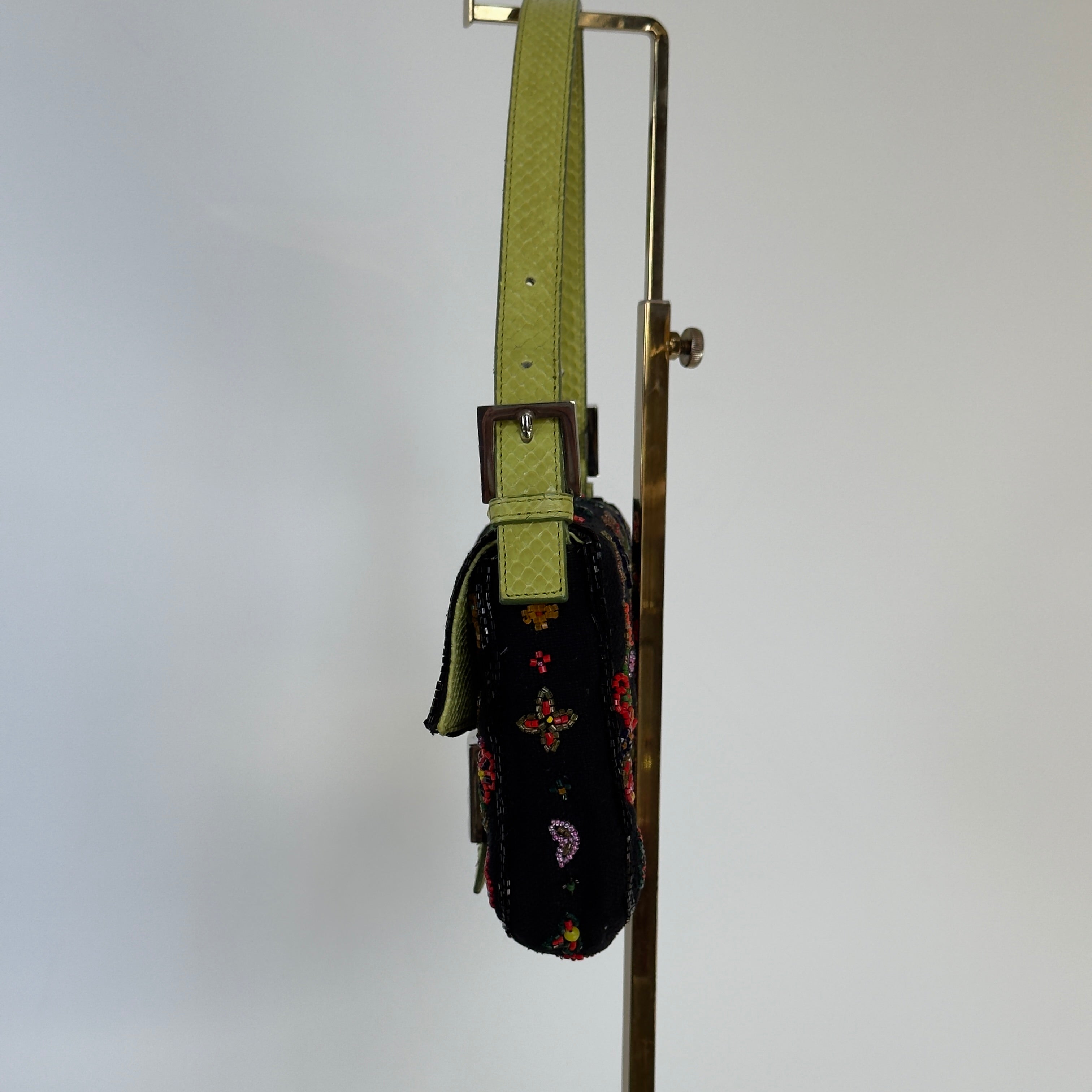 Rare Fendi Black Floral Beaded Baguette With Green Python Strap and Flap - Queen May