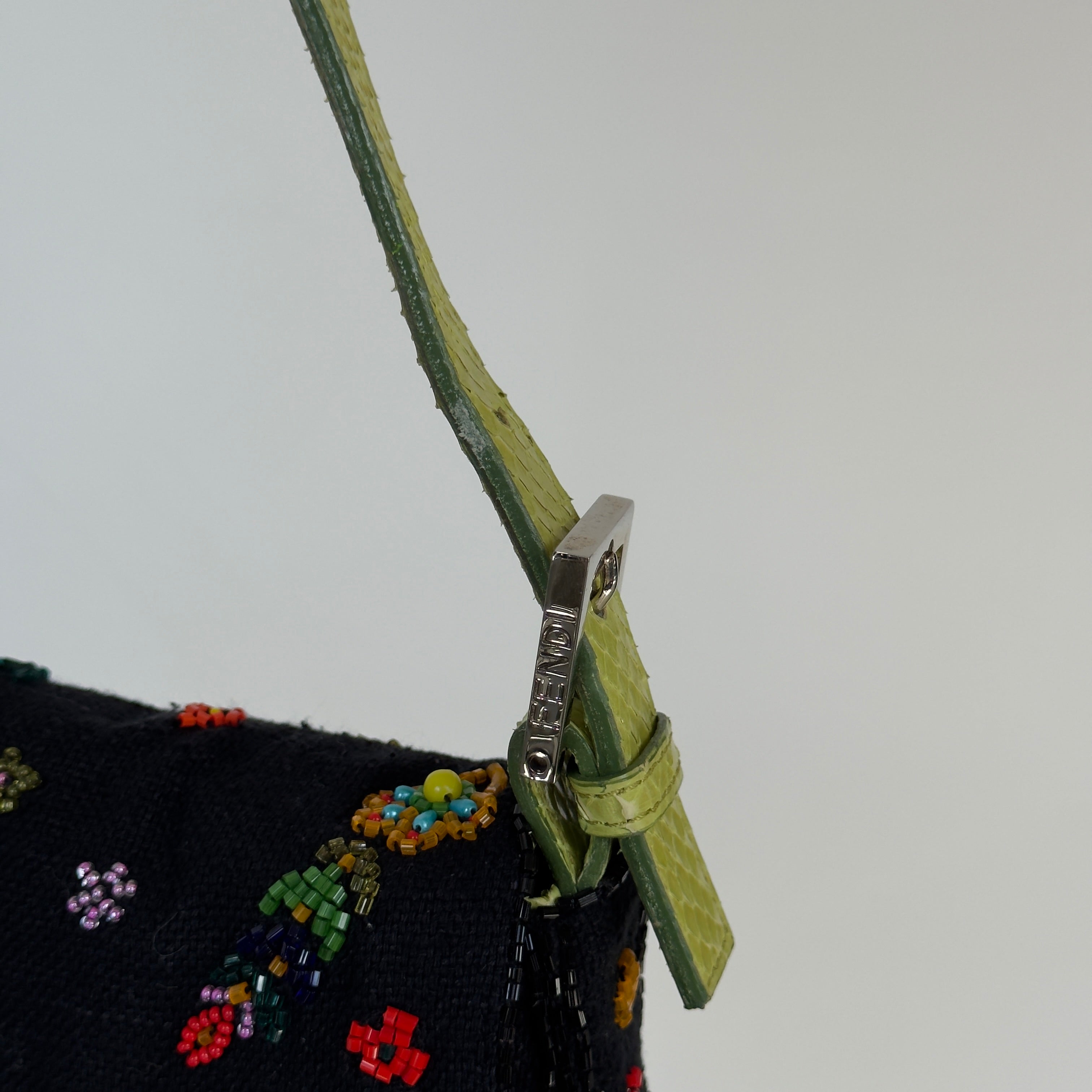 Rare Fendi Black Floral Beaded Baguette With Green Python Strap and Flap - Queen May