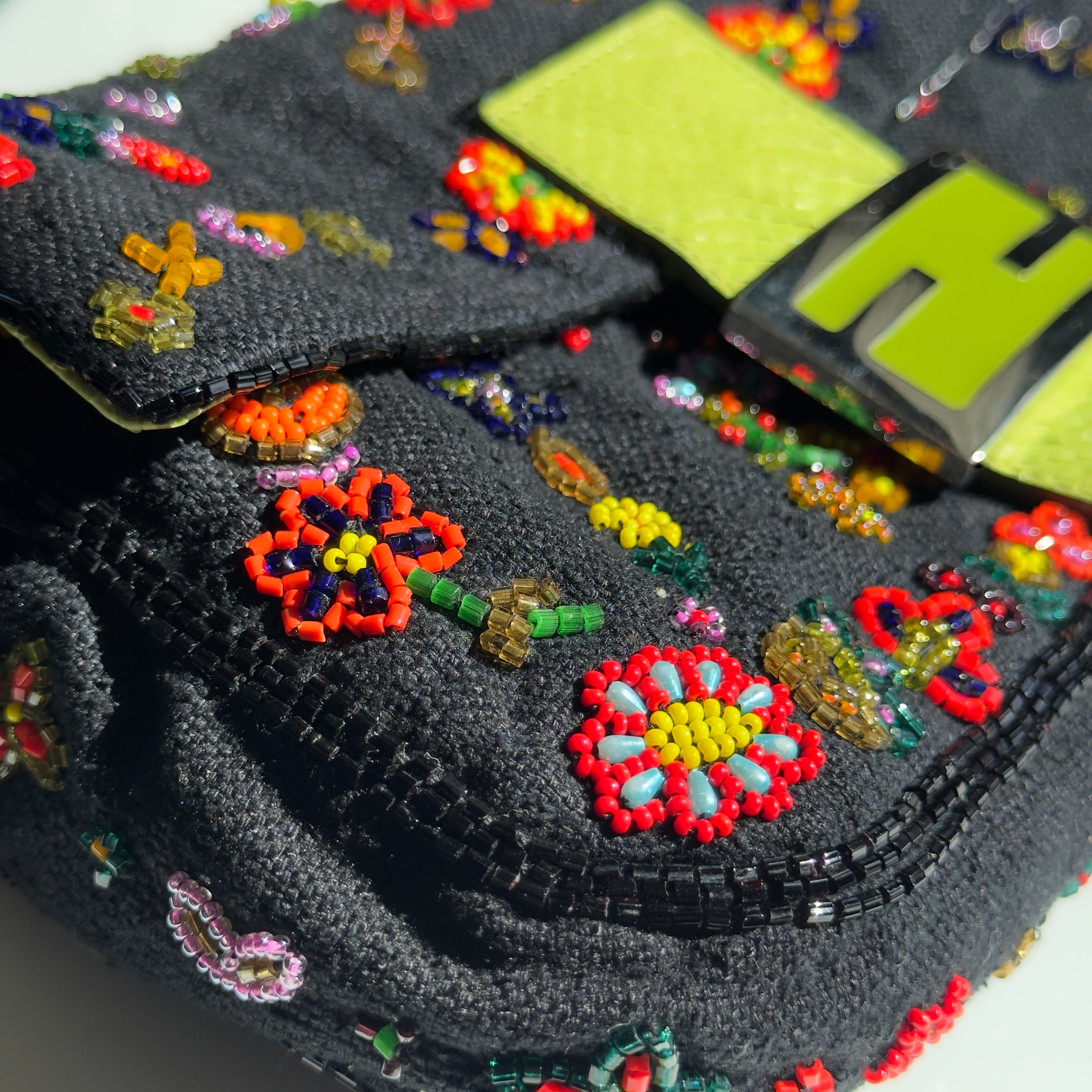 Rare Fendi Black Floral Beaded Baguette With Green Python Strap and Flap - Queen May