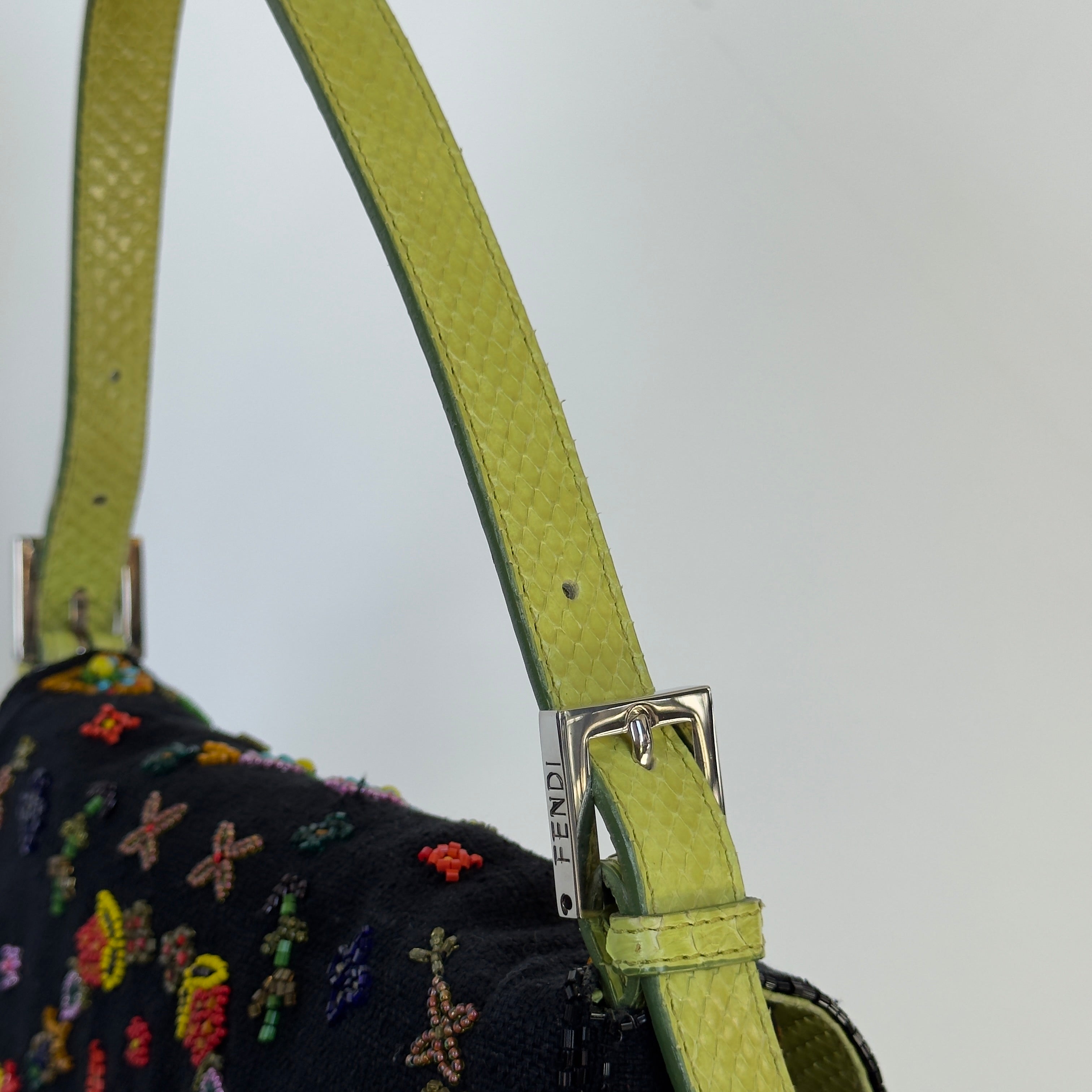 Rare Fendi Black Floral Beaded Baguette With Green Python Strap and Flap - Queen May