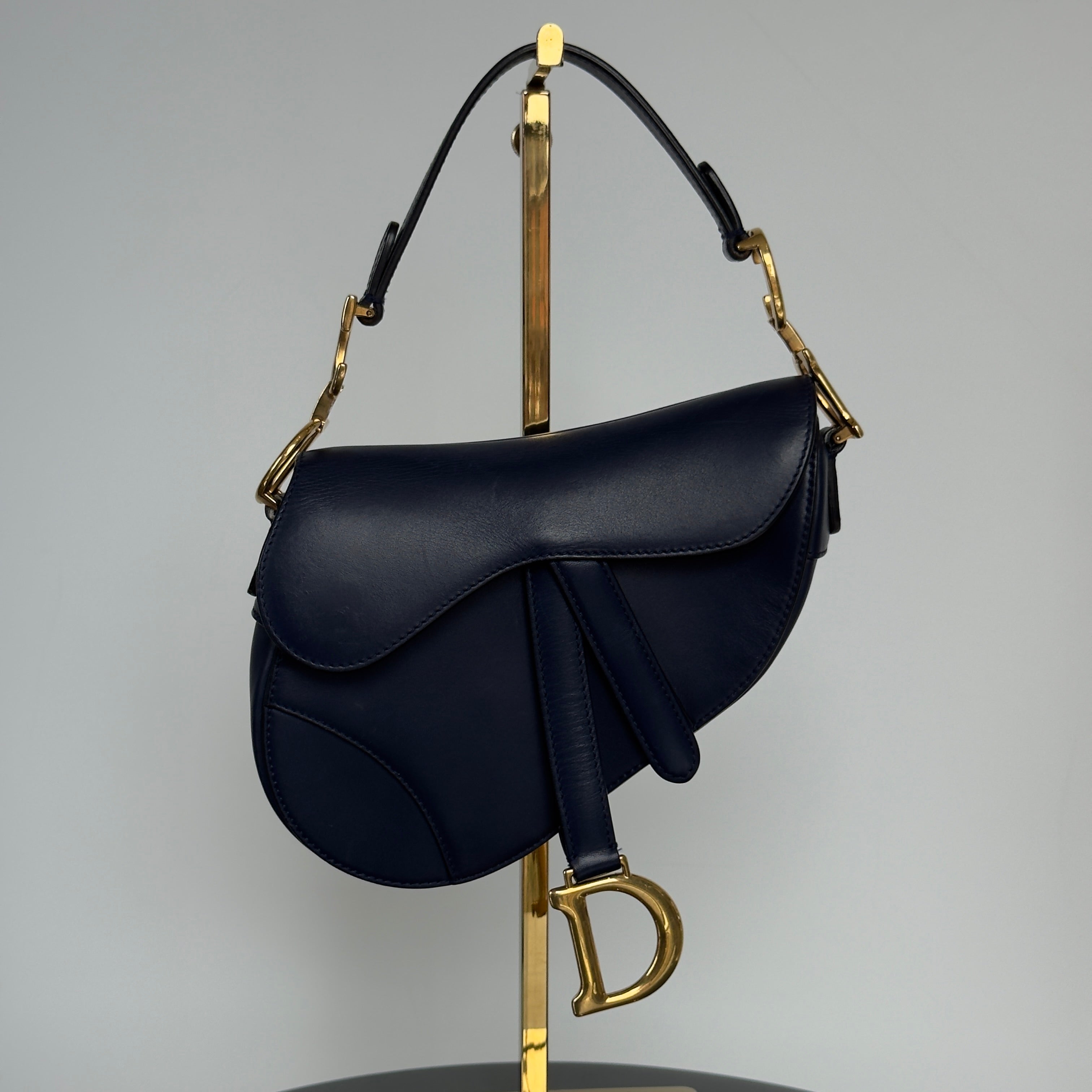 Christian Dior Saddle Leather Mini Handbag Navy With Add on Strap - Queen May